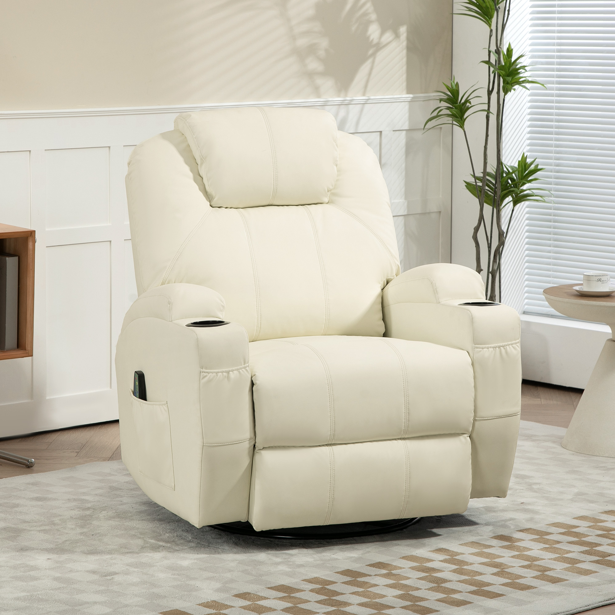HOMCOM Relaxsessel mit Massagefunktion, neigbare Lehne, drehbar, bis 150 kg, Kunstleder, Cremeweiß