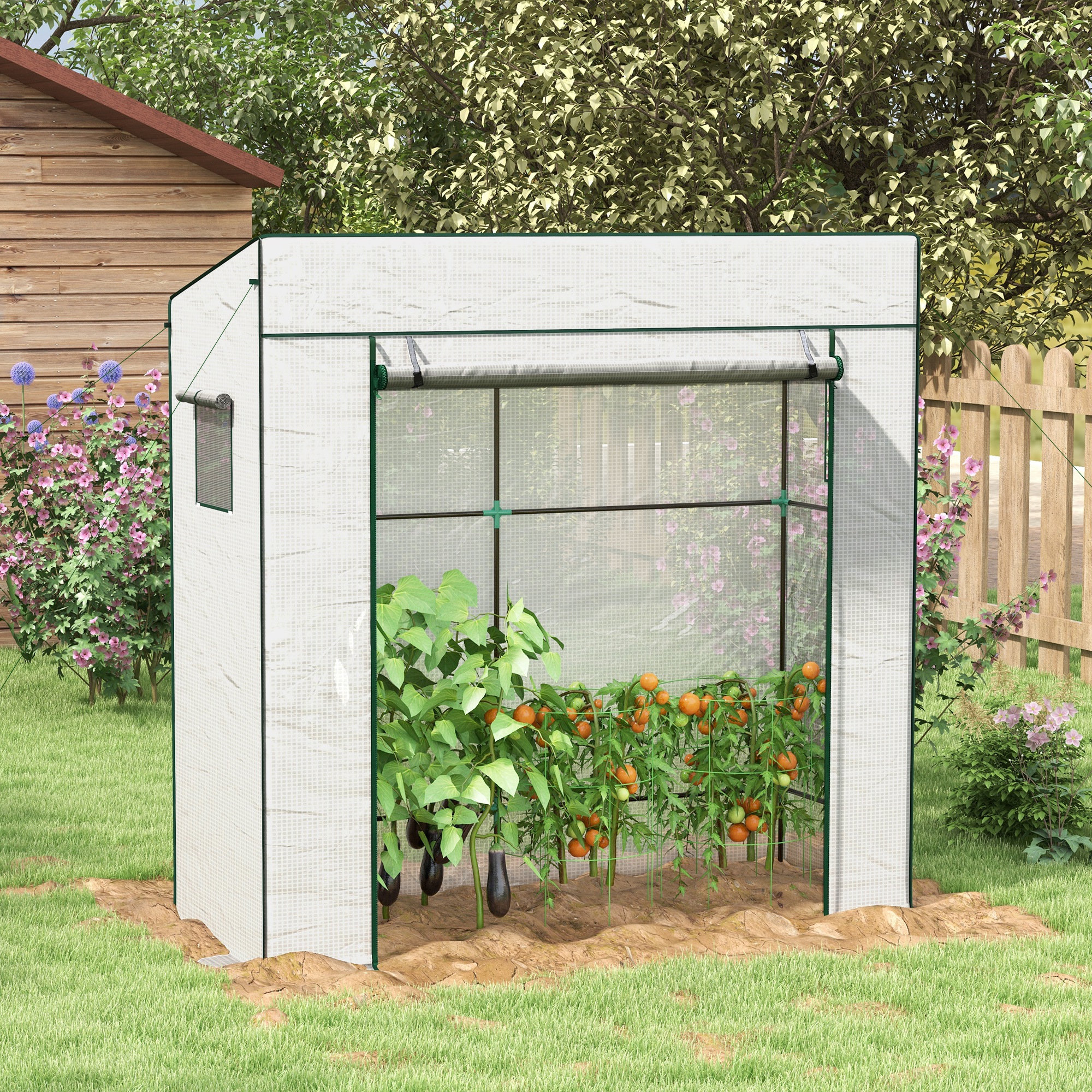 Outsunny Anlehntes Garten Gewächshaus mit 1 aufrollbaren Tür, verstärkte PE-Folie, 2 Fenster, Maße 196L x 77B x 197/178H cm