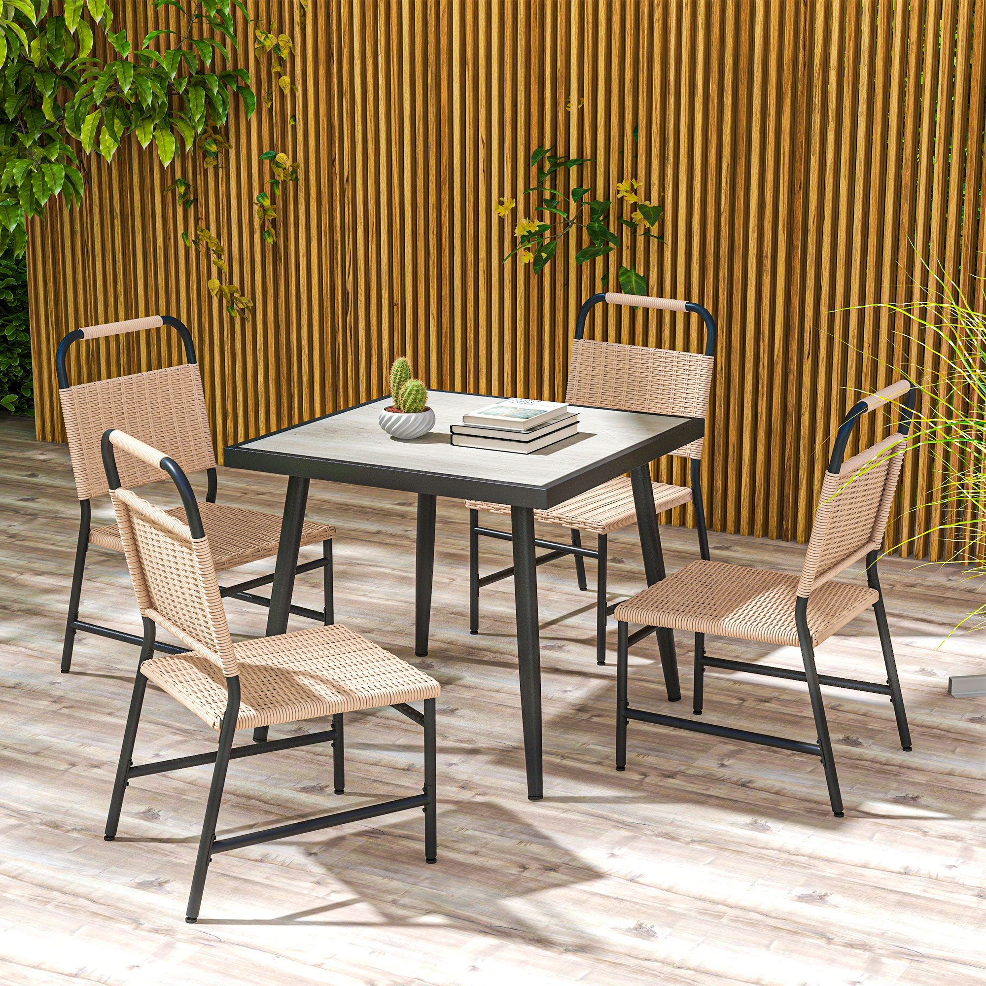 Outsunny Gartentisch, quadratisch und 4 Gartenstühle, 5-teilig, gehärtete Glasplatte, Kunststoffrattan