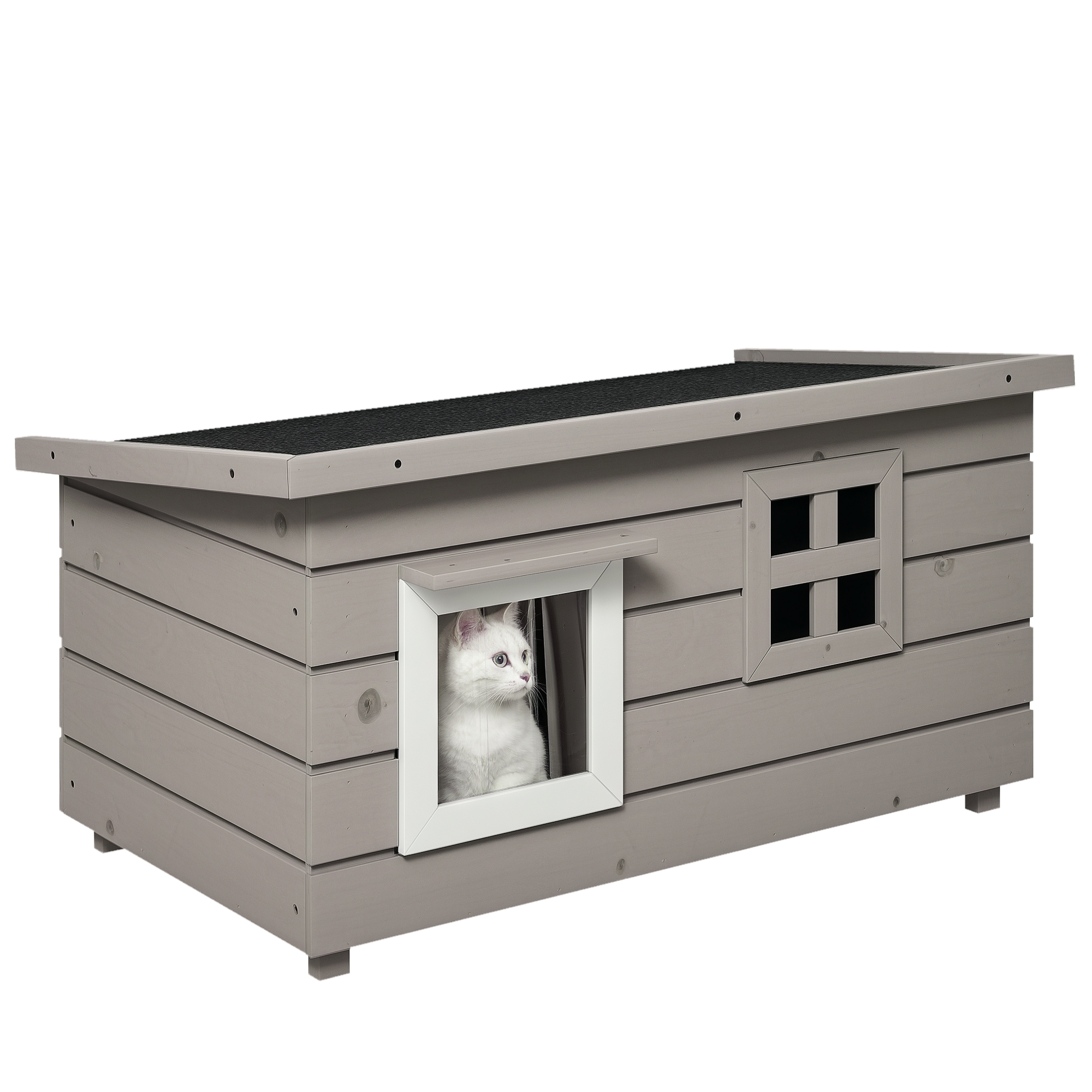 PawHut Katzenhaus Katzenhütte mit Asphaltdach Katzenhöhle Kleintierhaus mit Fenster für Katzen Hunde Outdoor Winterfest Tannenholz Grau Schwarz 87 x 52 x 44 cm