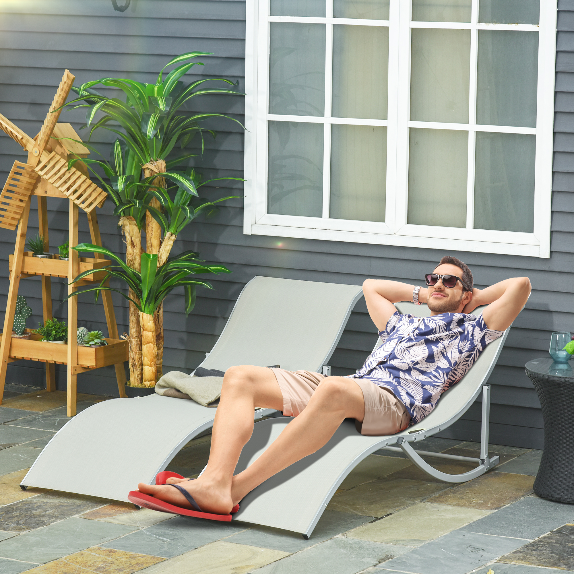 Outsunny 2er Set Sonnenliege Gartenliegen Stoffliege Relaxliege ergonomisch Aluminium Texteline Beige 165 x 61 x 63 cm