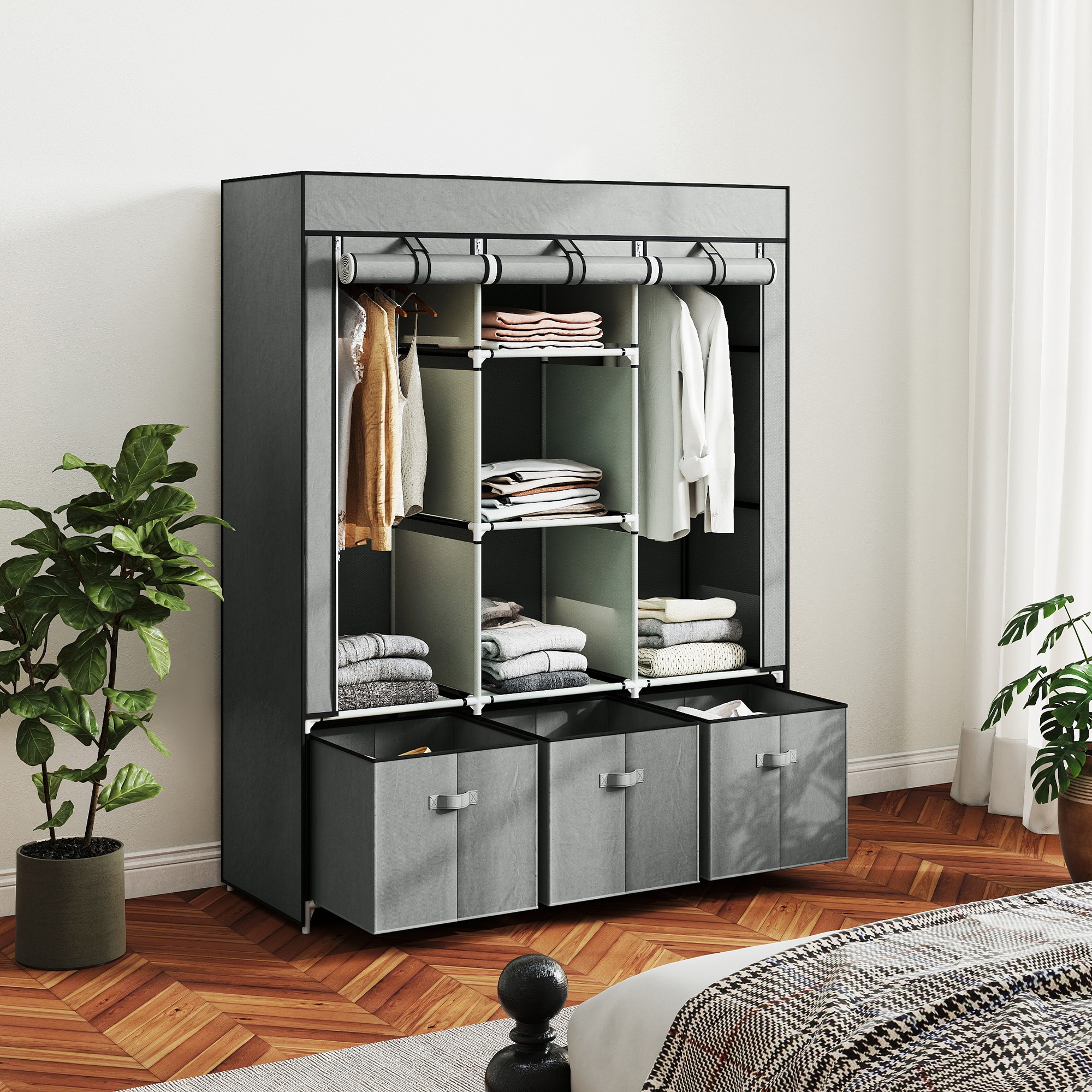 HOMCOM Stoffschrank aus Vlies, Faltschrank, inkl. 3 Schubladen, 125 cm x 43 cm x 162,5 cm, Hellgrau