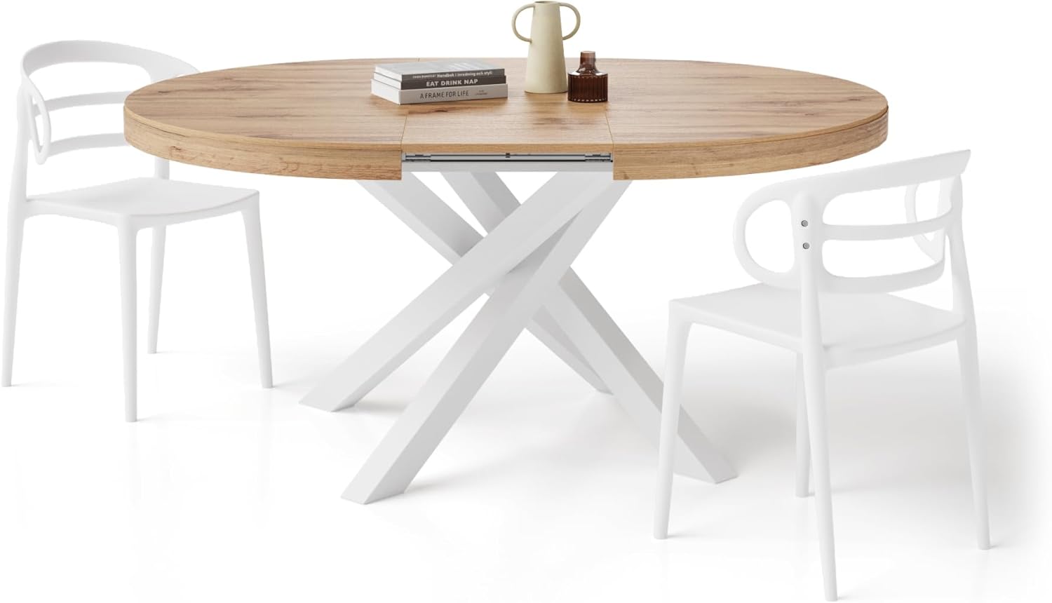 Mobili Fiver, Tavolo Allungabile Rotondo Emma, 120-160 cm, Rovere Rustico con gambe Incrociate Bianche, per 4-6 persone, Tavolo Cucina, Soggiorno, Made in Italy