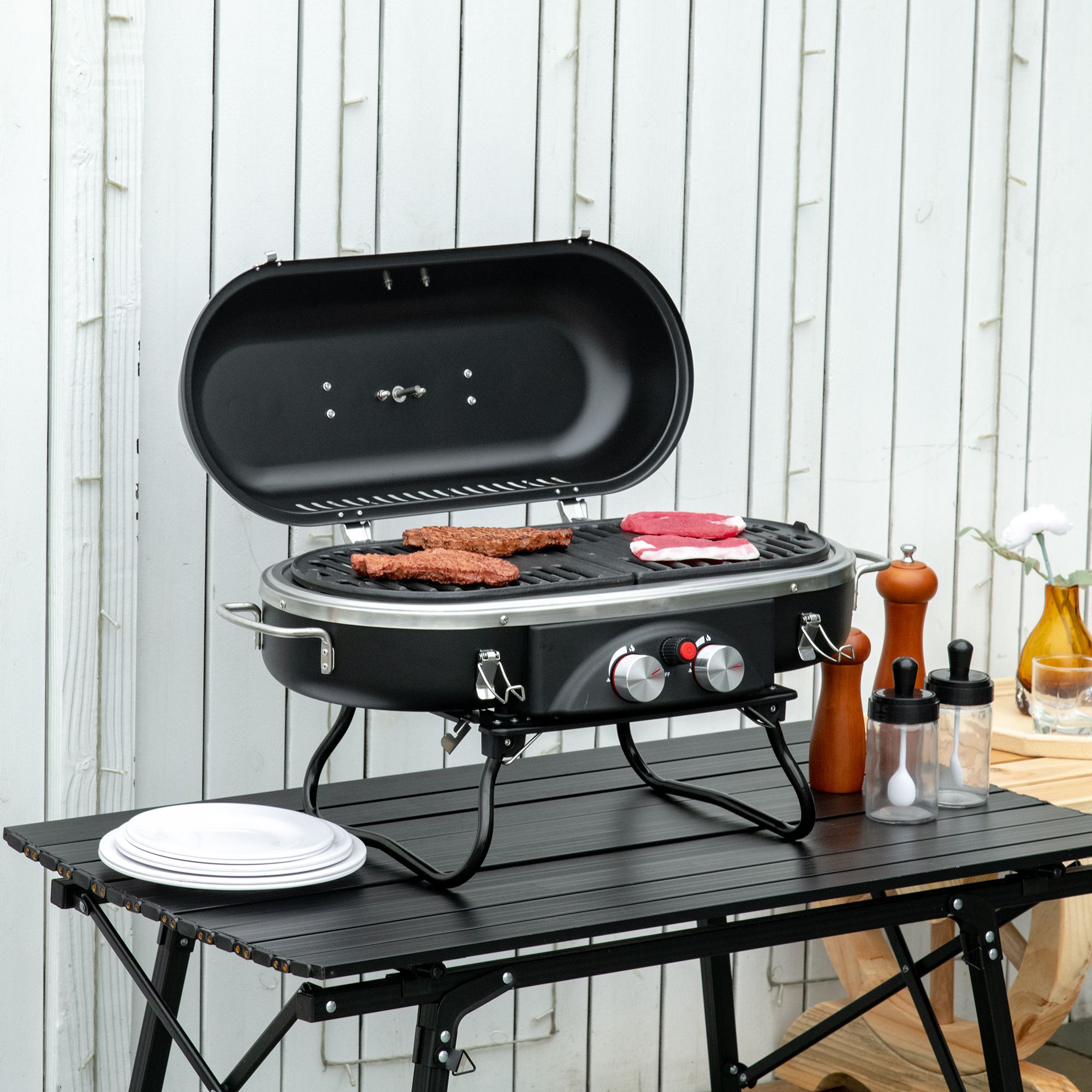 Outsunny Gasbarbecue 2,34 KW Opvouwbaar BBQ Tuinbarbecue incl 2 Roestvrijstalen Branders Drukverminderaar 66 x 34,5 x 37 cm Zwart