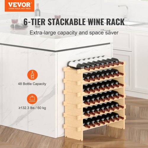 VEVOR Weinregal Weinständer für 48 Flaschen, BambusßFlaschenregal mit 6 Fächern, Stapelbar Vintage Weinständer Metall für Keller, Bar, Lagerraum usw. Flaschenhalter Weinflaschenregal 60 kg Belastbar