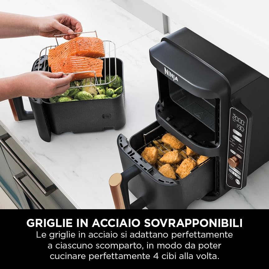 Ninja Double Stack XL Friggitrice ad Aria Verticale, Doppia Zona, 4 Livelli, 2 Scomparti, 2 Griglie, Capienza 9.5L, 6 Funzioni, 8 Porzioni, Parti Lavabili in Lavastoviglie, Pinze, Nero/Rame, SL400EUCP
