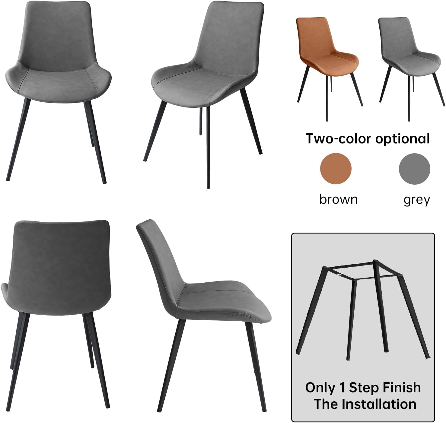 Dining Chairs Set of 4, Modern Dining & Kitchen Room Chairs, Upholstered Faux Leather Cushion Seat and Sturdy Metal Legs (4 Grey Chairs)