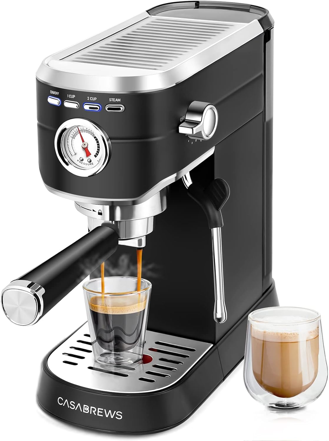 CASABREWS Espresso Siebträgermaschine 20 Bar, Edelstahl-Espressomaschine mit professionellem Milchaufschäumer, Klein Kaffeemaschine Espresso für Cappuccino, Latte & Macchiato, 1L Wassertank, Schwarz