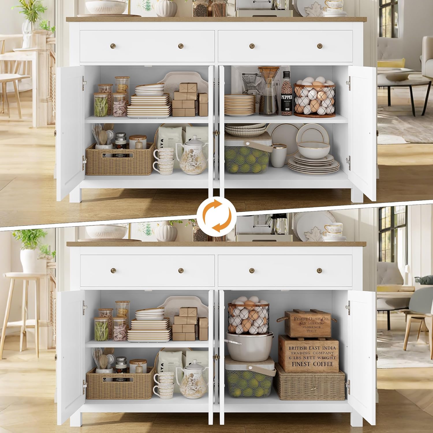 FirFurd Sideboard 140cm Breit Küchenschrank mit Arbeitsplatte Buffetschrank mit 2 Schubladen 4 Türen Küchenbuffet mit verstellbaren Ablagen für Wohnzimmer Küche Esszimmer 140x40x89 cm weiß