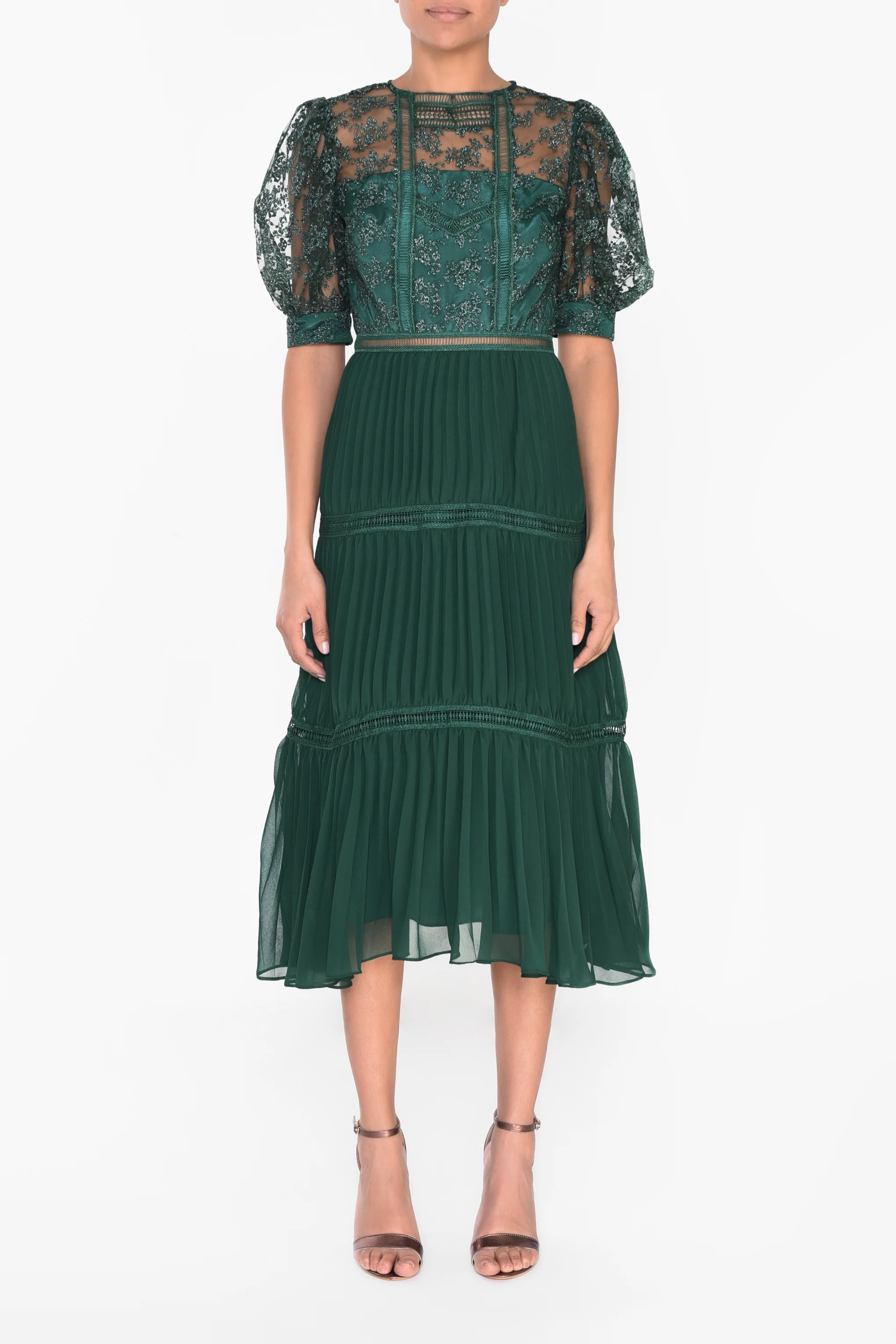 Emerald Green Metallic Pleated Midi Skater Dress