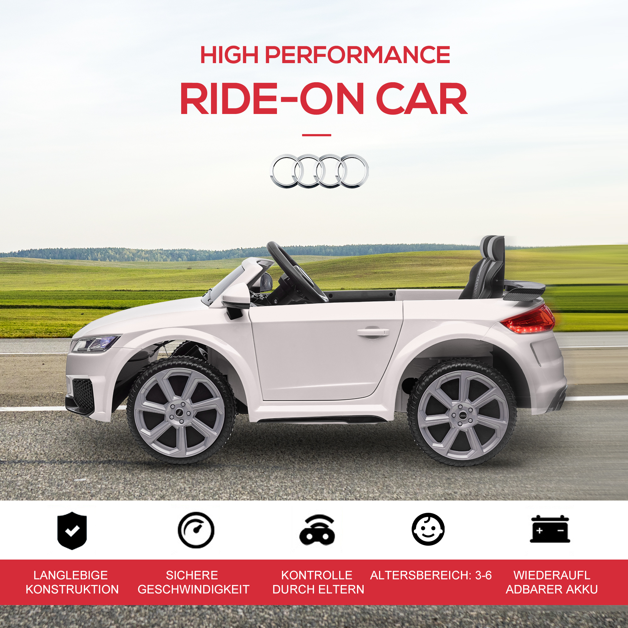 Kinder-Elektroauto Audi TT RS Roadster, 3 km/u, Afstandsbediening, LED, USB, Wit