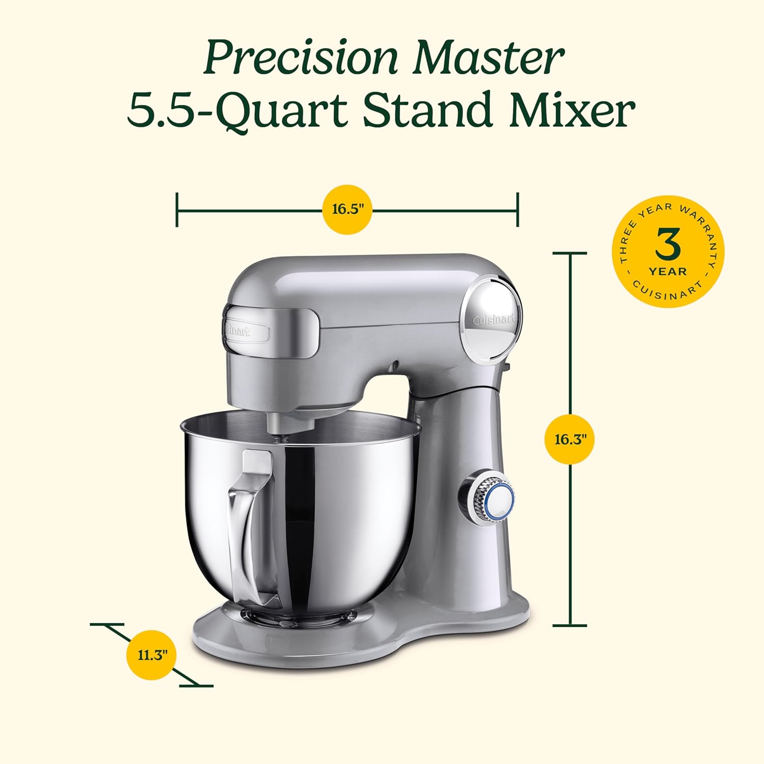 Cuisinart Stand Mixer, 12 Speeds, 5.5-Quart Mixing Bowl, Chef's Whisk, Flat Mixing Paddle, Dough Hook, and Splash Guard with Pour Spout, Silver Lining, SM-50BCNAS, Silver Lining