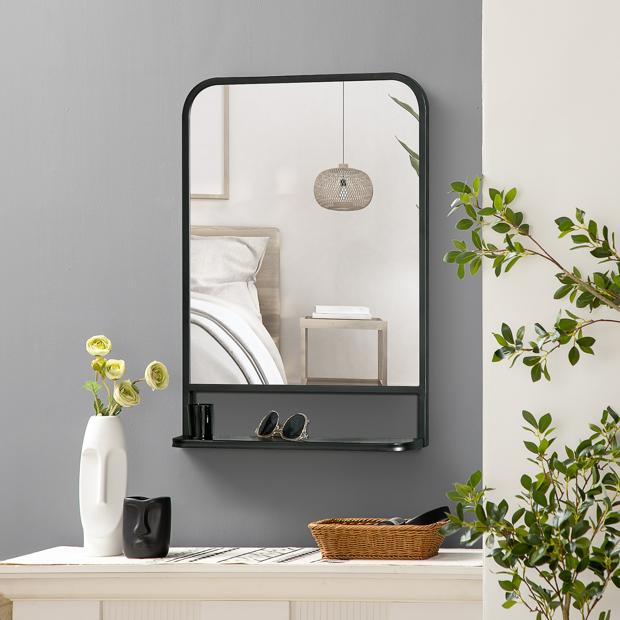 wandspiegel met metalen frame, afgeronde hoeken, 1 plank 70 cm x 10,2 cm x 50 cm zwart + zilver