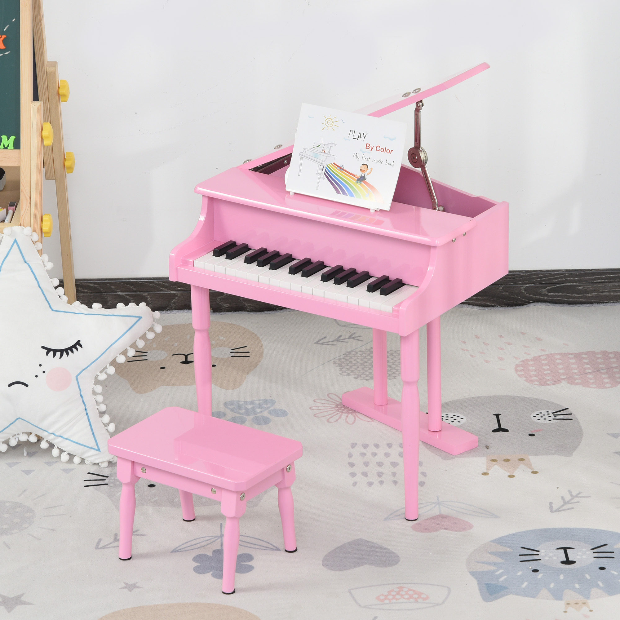 HOMCOM Kinder-Flügelpiano aus Holz mit 30 Tasten - inkl. Hocker und Notenständer - MDF in Rosa