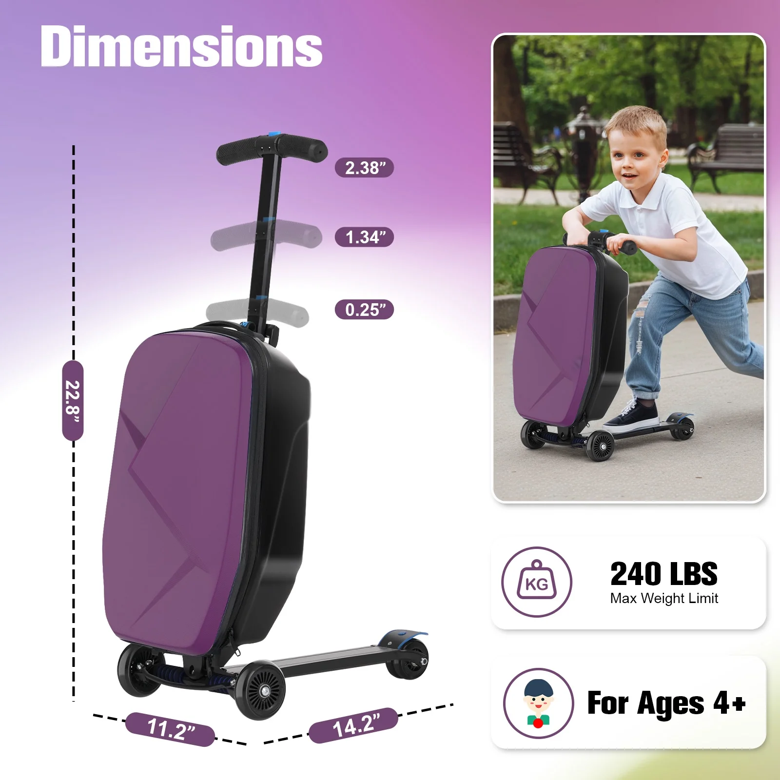 Advwin Scooter Luggage for Kids & Adults, Hardside Ride on Suitcase for Kids Ages 4-15 Multifunctional Lightweight Foldable Carry on Luggage with Wheels Ride on for Children Teenagers, Pink