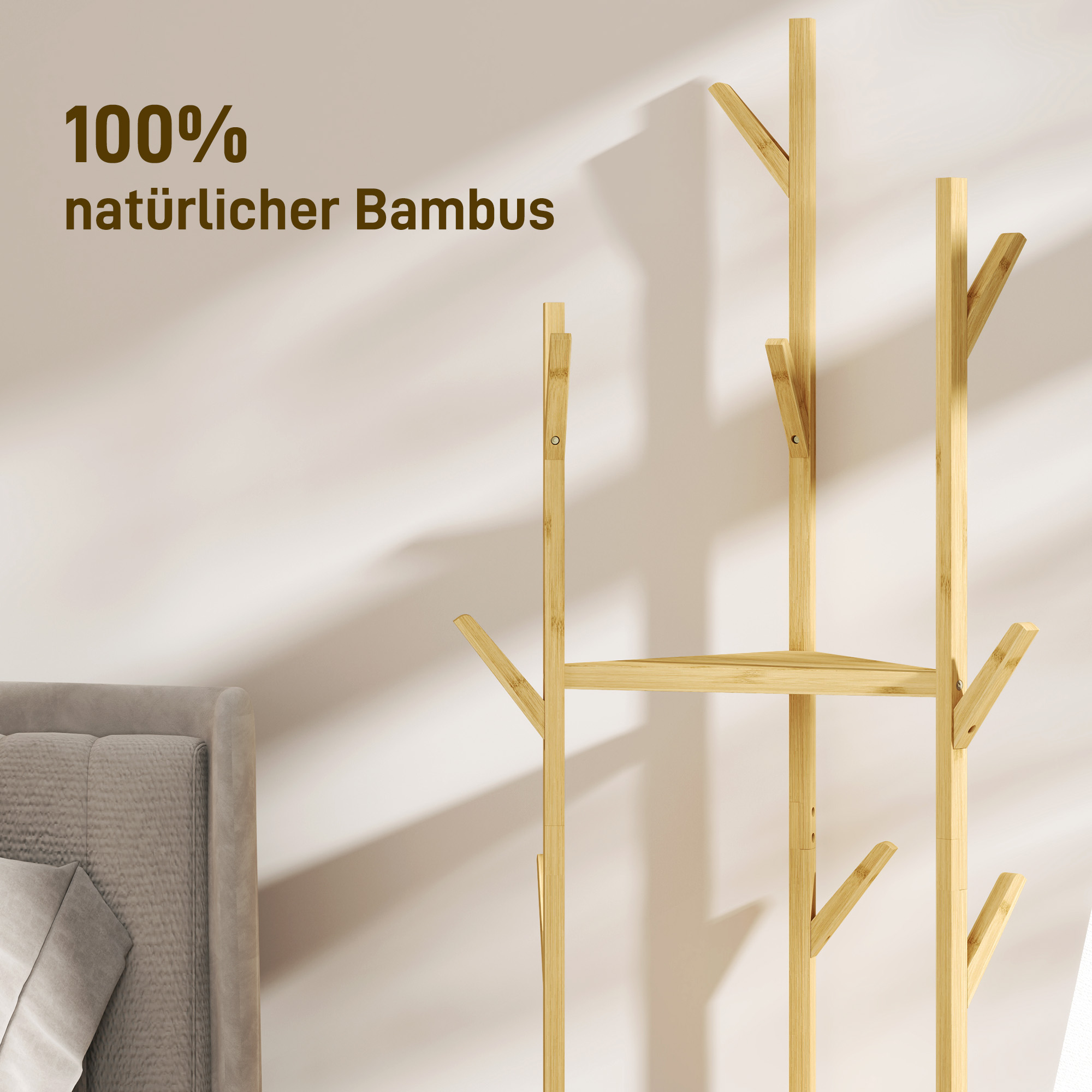 Kledingrek, Garderobestandaard van Bamboehout, 8 Haken, 3 Planken, Natuur