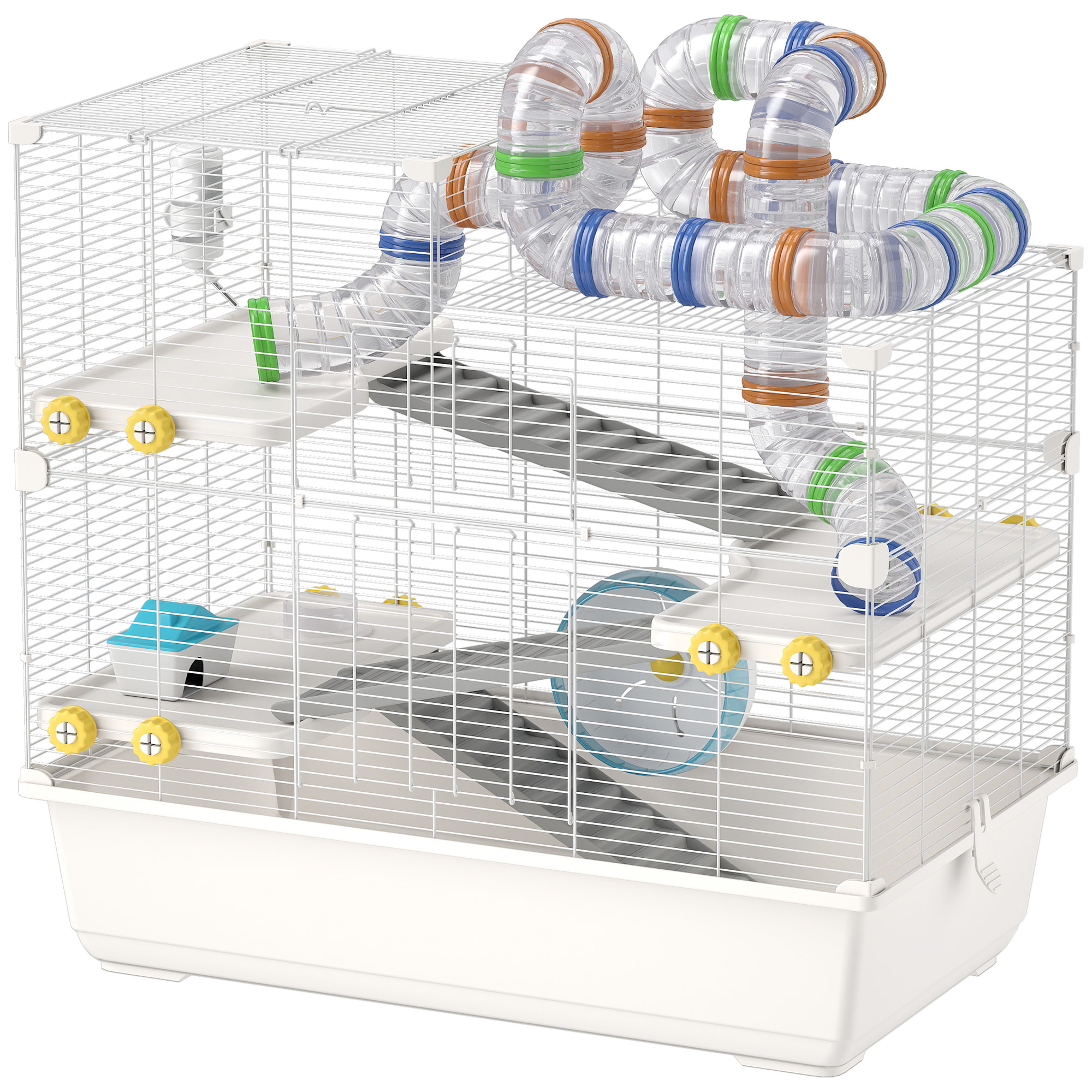PawHut Hamsterkäfig mit 4 Etagen mit Röhren, Rad, 3 Türen und Tablett, aus Metall, PP und PS, 78x45x73 cm, Weiß