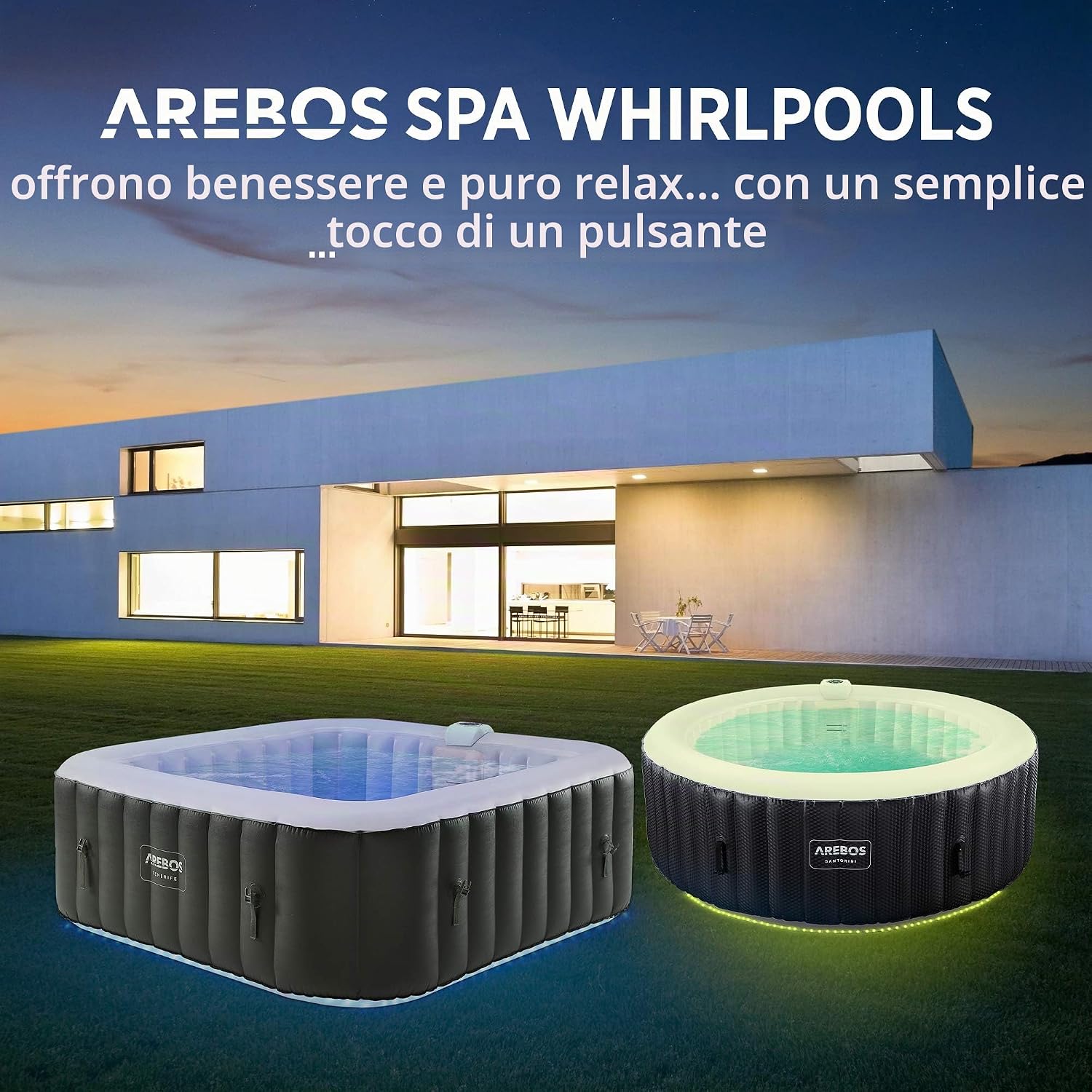 Arebos Vasca idromassaggio gonfiabile | 185x185cm | Gonfiabile automatico | 6 persone | striscia luminosa LED | 130 getti massaggianti | 910 litri | incl. copertura | Bubble Spa & Wellness Massaggio