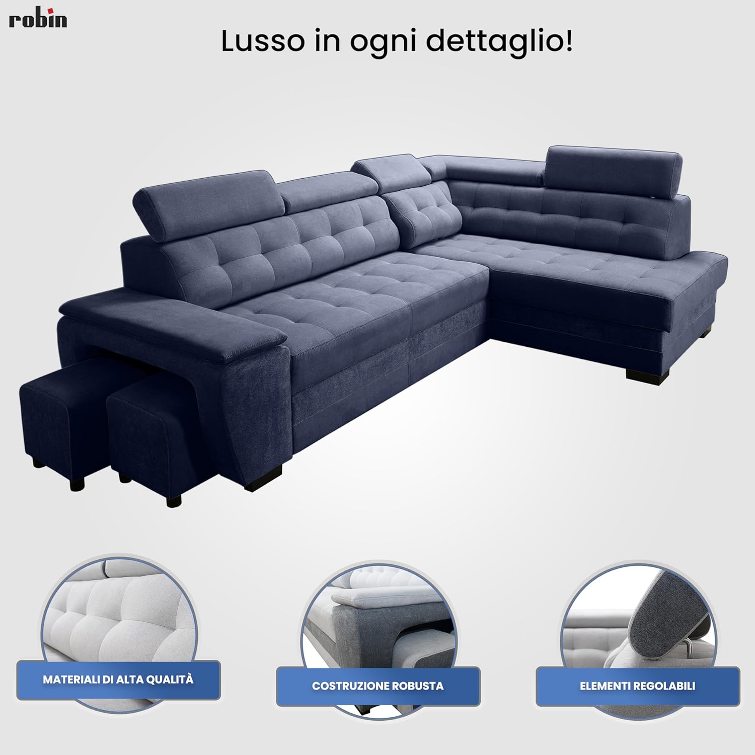 Robin Inspire Grand Divano angolare con funzione di letto cassetto per la biancheria due pouf poggiatesta regolabile angolo a destra grigio scuro 277 x 180 x 100