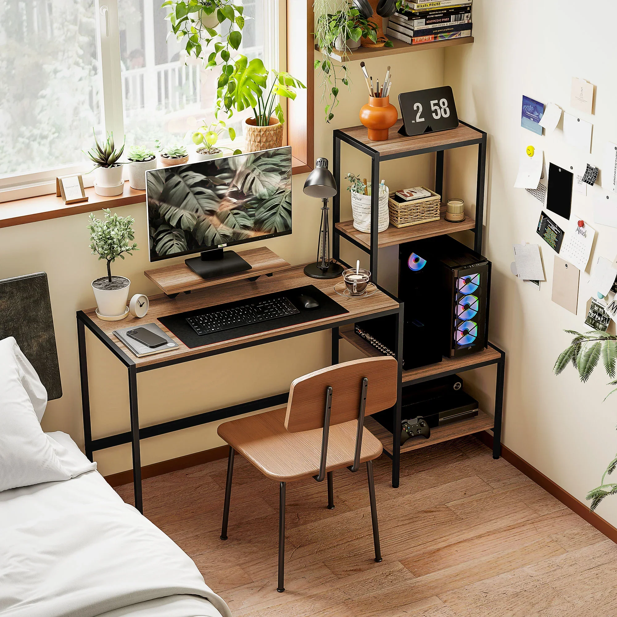 HOMCOM Computertafel met monitorstandaard & 4 schappen �C 150 �� 48 �� 125 cm
