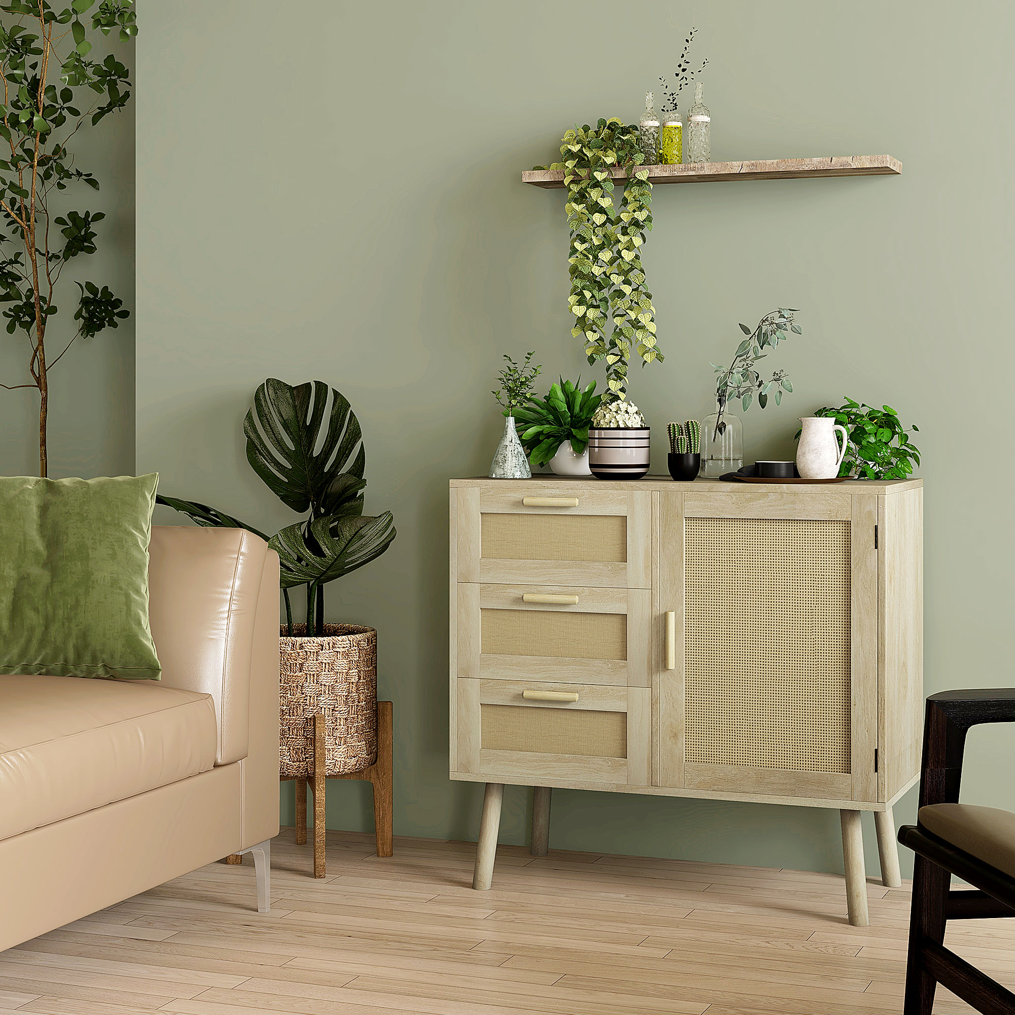HOMCOM Schrankmöbel im bohemianischen Stil mit 3 Schubladen und 1 Tür mit Rattanfronten - Abm. 80L x 36B x 75H cm