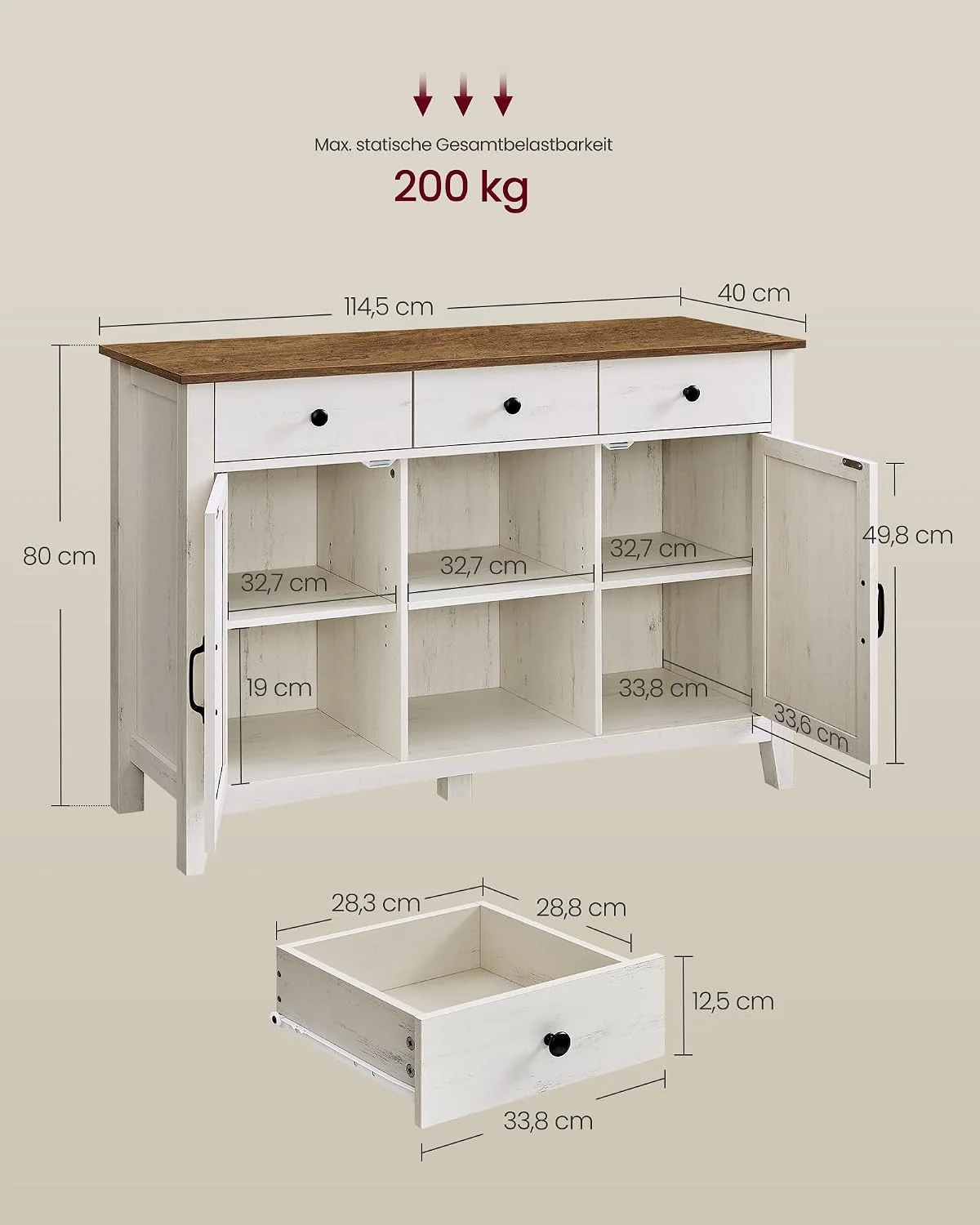 VASAGLE LIRY Sideboard mit Türen, Schubladen und Stauraum im Landhausstil