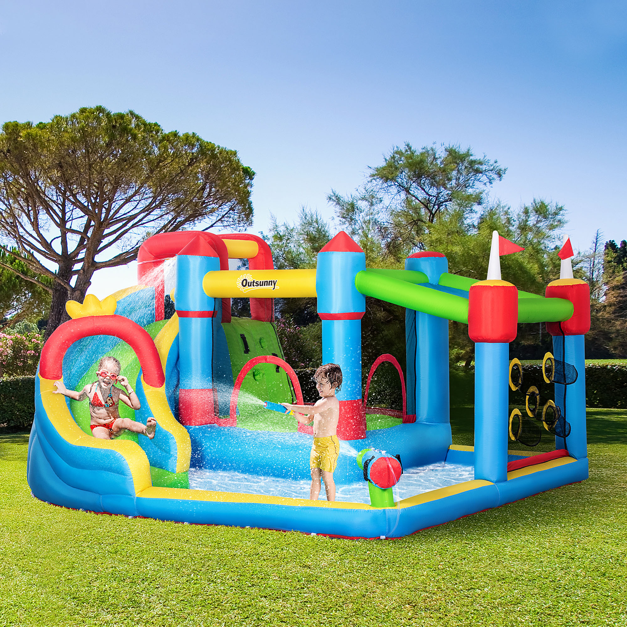 Outsunny springkasteel, opblaasbaar springkasteel, waterpark met waterglijbaan, kleurrijk