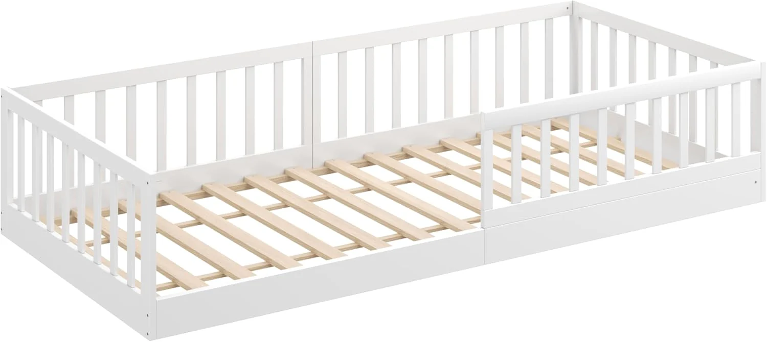 CADANI Timi 2-in-1 Vloerbed 140x200 cm Montessori Kinderbed met uitneembare valbeveiliging incl. lattenbodem, massief grenenhout, wit - 3 opbouwmogelijkheden, belastbaar tot 200 kg, ombouwbaar