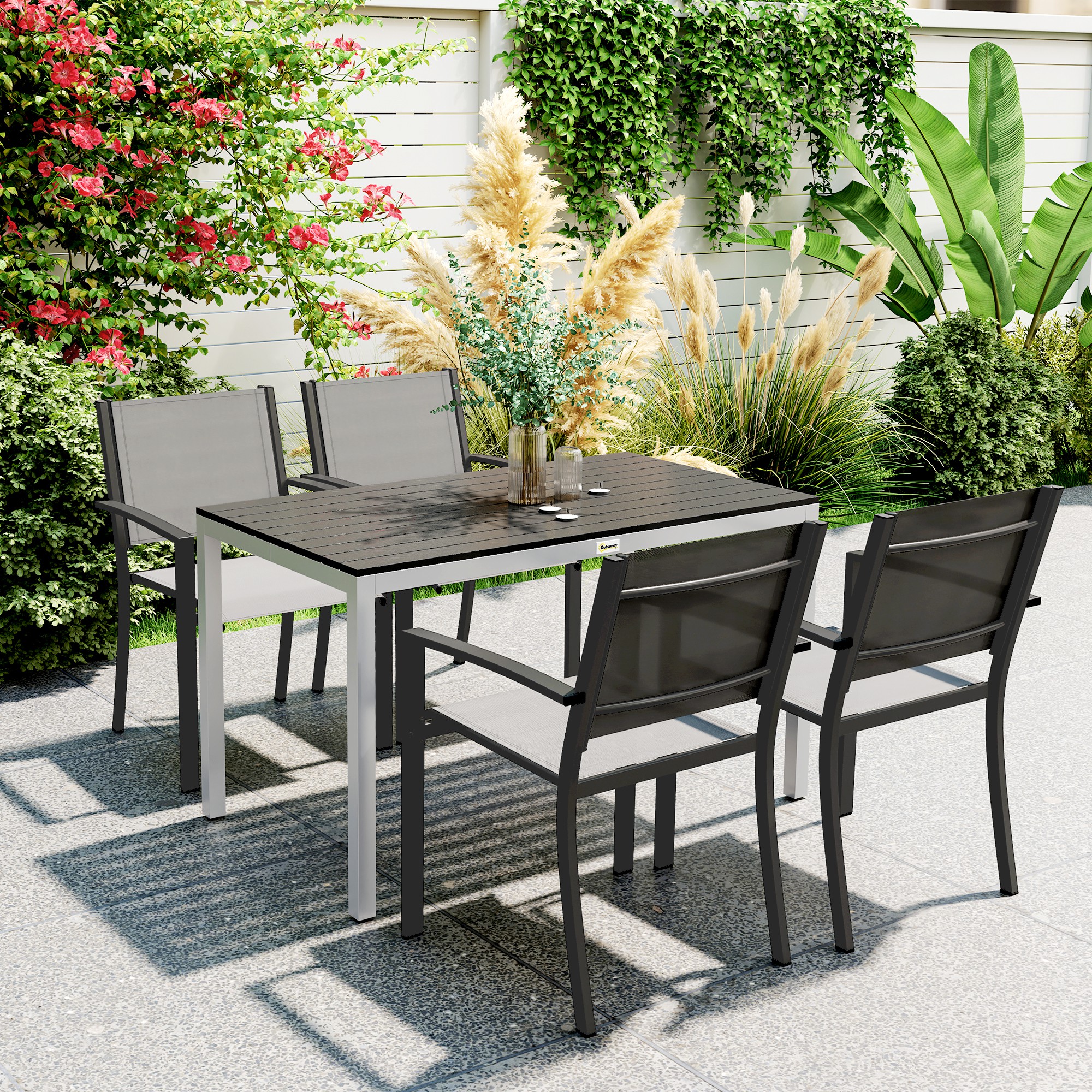 Outsunny Gartentisch Aluminium 120x70 cm Wetterfest Balkontisch mit Holzoptik, für 4-6 Personen Schwarz