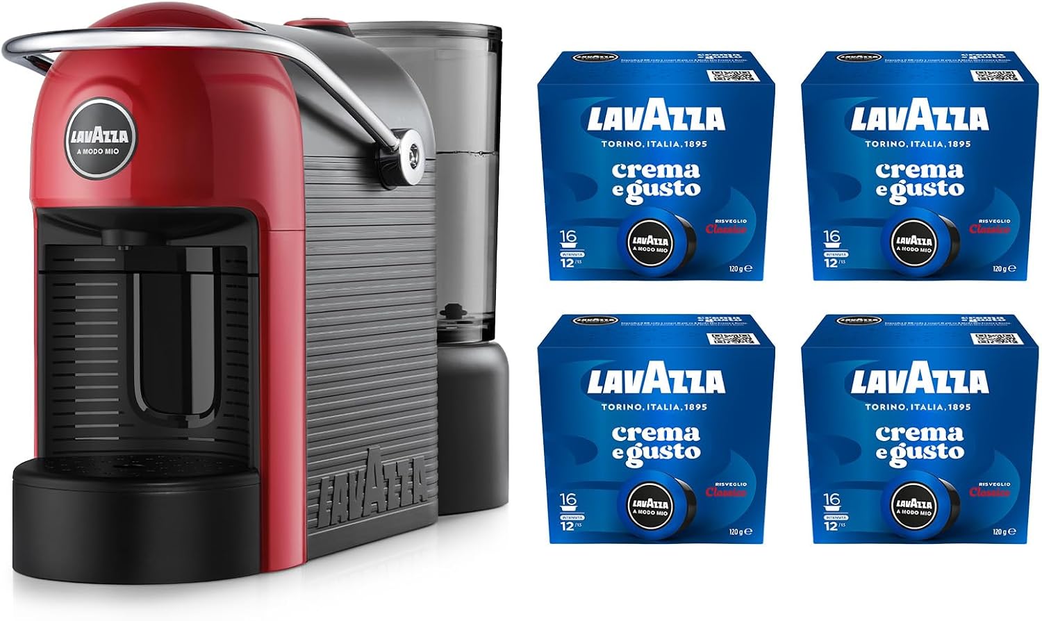 Lavazza A Modo Mio Jolie Evo, Macchina per Caffè Realizzata con 36% di Plastica Riciclata, Macchina Espresso con 64 Capsule Lavazza A Modo Mio Crema e Gusto Classico Incluse, Rossa