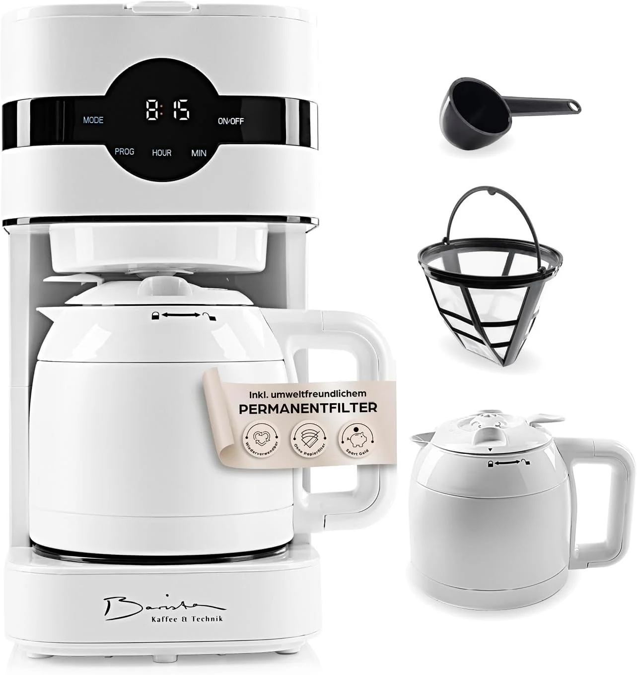 Barista filterkoffiezetapparaat met verstelbare molen & thermoskan | Warmhoudfunctie, 24-uurs timer & permanent filter | Voor 10 koppen koffie | Koffiezetapparaat voor bonen & poeder [roestvrij staal]