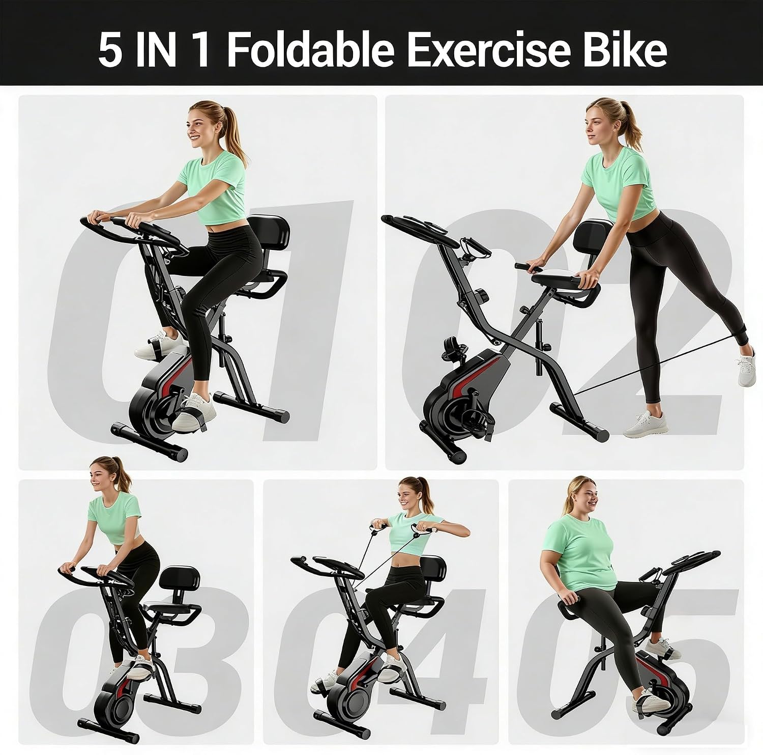 Cyclette per Casa Pieghevole 5 in 1 con Schienale, Cyclette Magnetica con Display LCD e Bande Elastiche, Spin Bike Silenziosa fino 136 kg