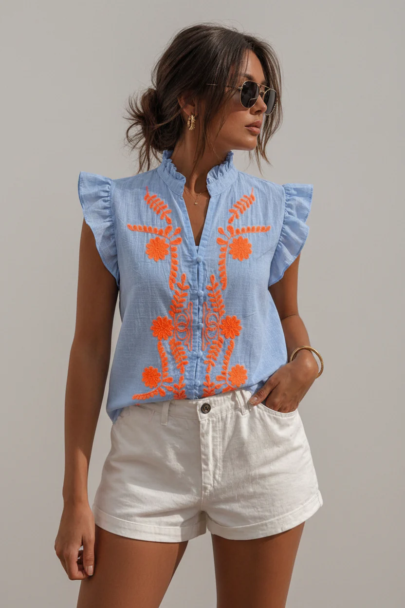 Embroidered Ruffle Sleeveless Blouse �C Blue | Women's Luxury Cotton Top