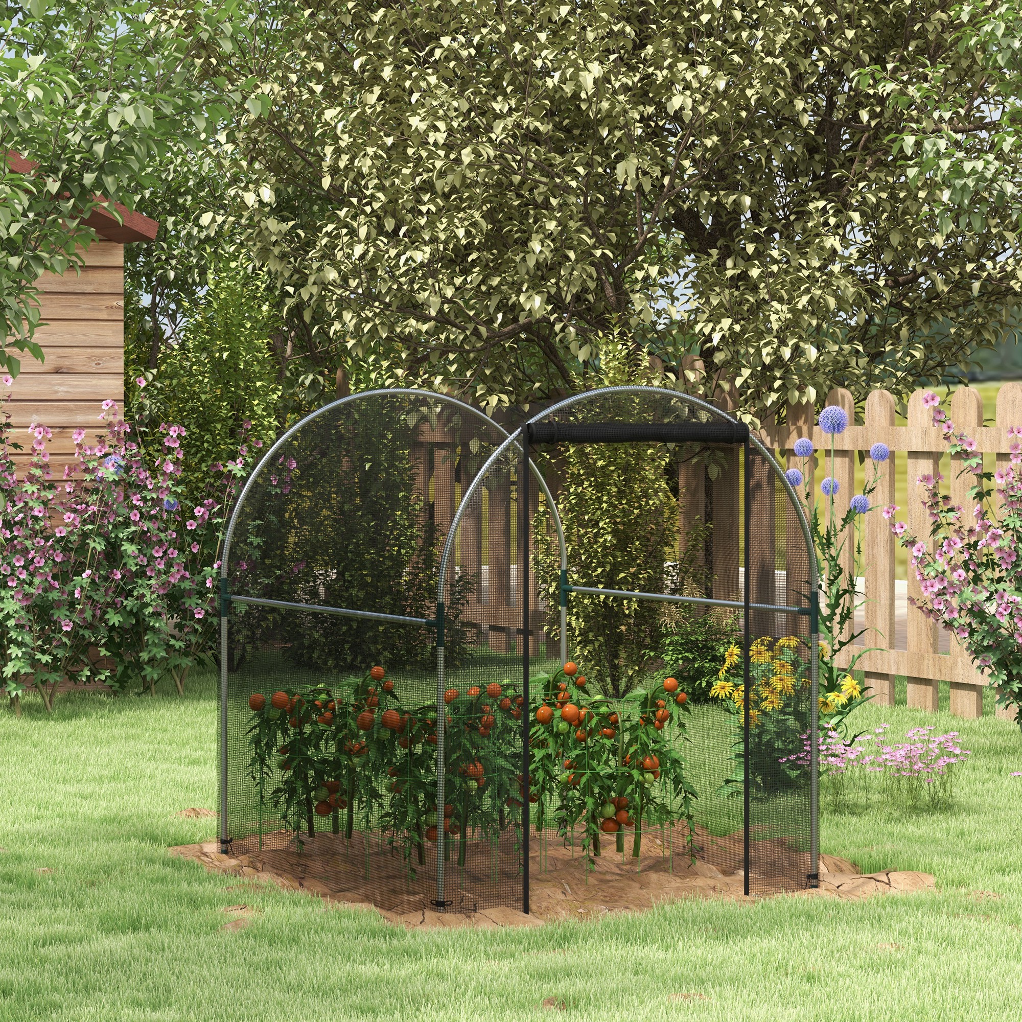 Outsunny Pflanzenschutznetz, Vogelschutz, mit Tür und stabilem Stahlrahmen, 1,2x1,5x1,5m, Schwarz/Silber