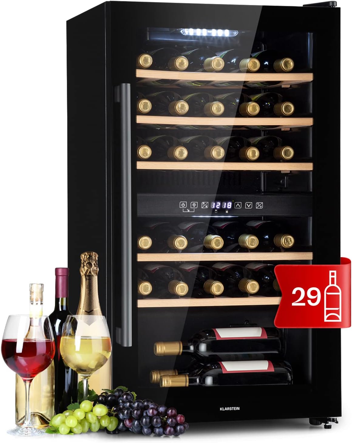 Klarstein Wine Cellar, Refrigerated Double Zone Wine Cellar for Indoor/Outdoor, Fridge Bar, Wine Cellar with Showcase, Mini Bar with UV Protection, Touch Wine Fridge, 5-22°C, 29 Bottles