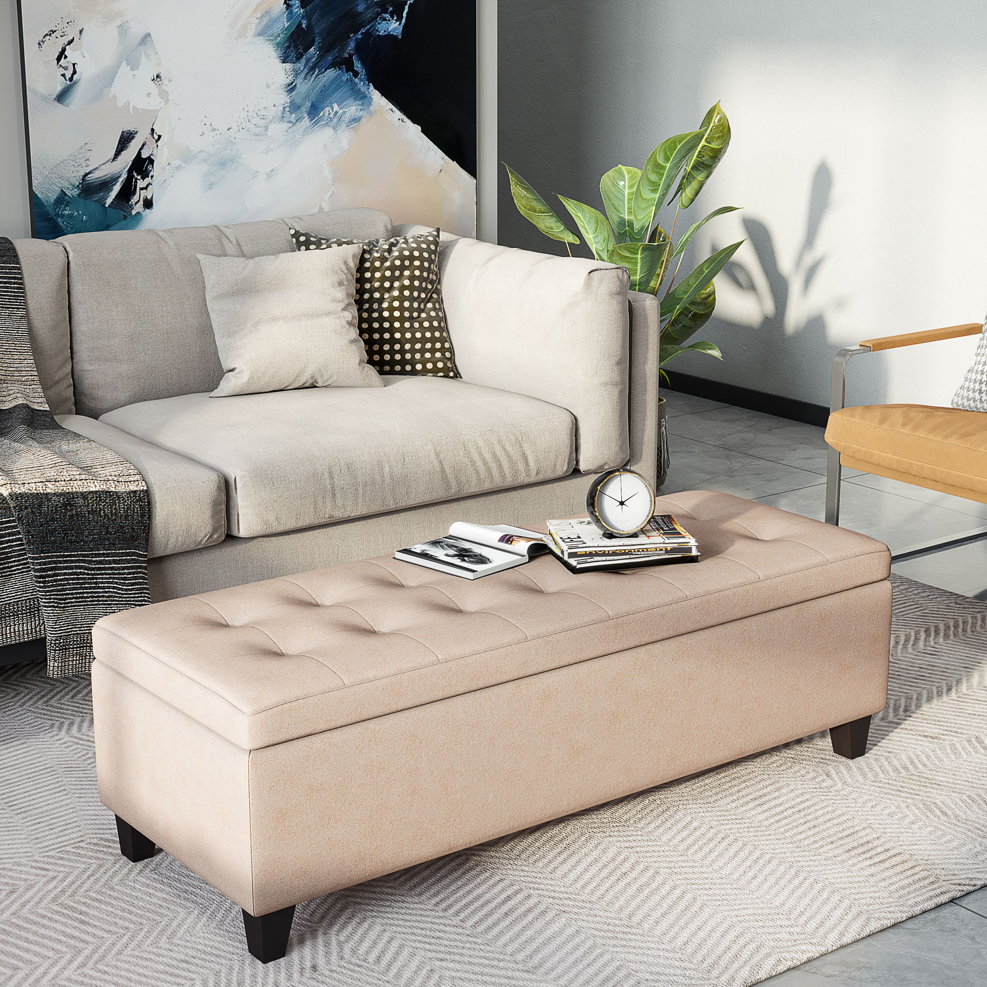 HOMCOM Polsterbank mit Stauraum, Knopfheftung, bis 120 kg, 125 x 49 x 41,5 cm, Beige