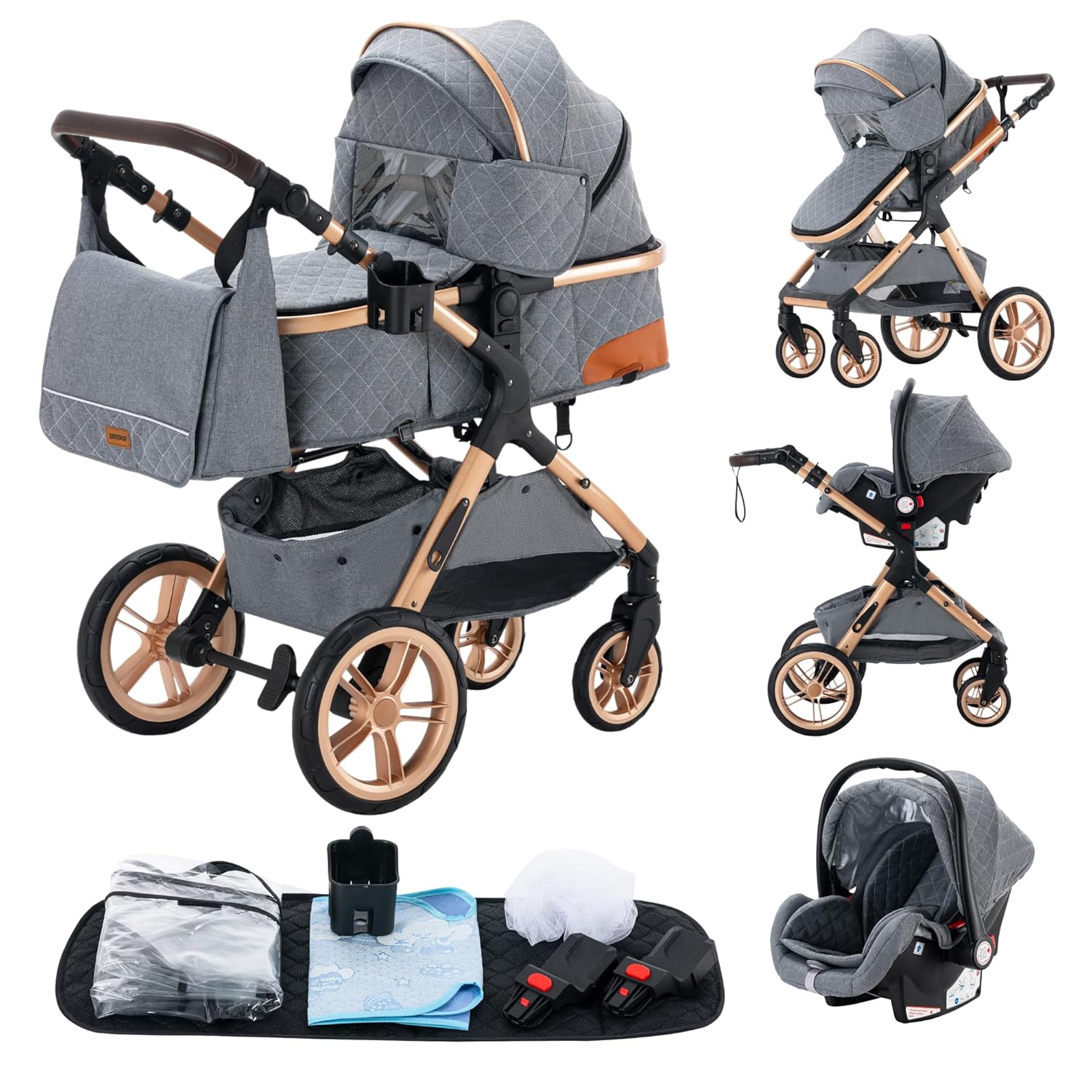 YAZOCO kinderwagen 3 in 1 Buggy Babybett Komplett Set Einem Klick Zusammenklappbarer Kinderwagen, KombiKinderwagen Aluminiumrahmen für Neugeborene Sitzzubehör (1 schwarz)