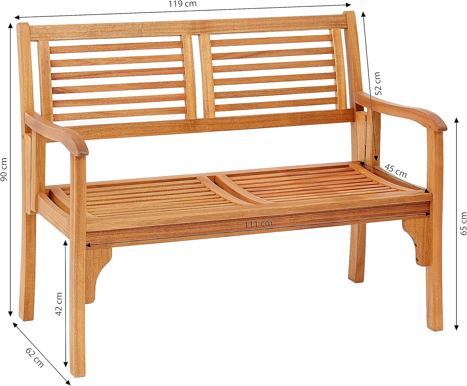 Dehner Klappbank Douglas, 2-Sitzer, ca. 119 x 62 x 90 cm, aus FSC® - zertifiziertem Akazienholz, natur