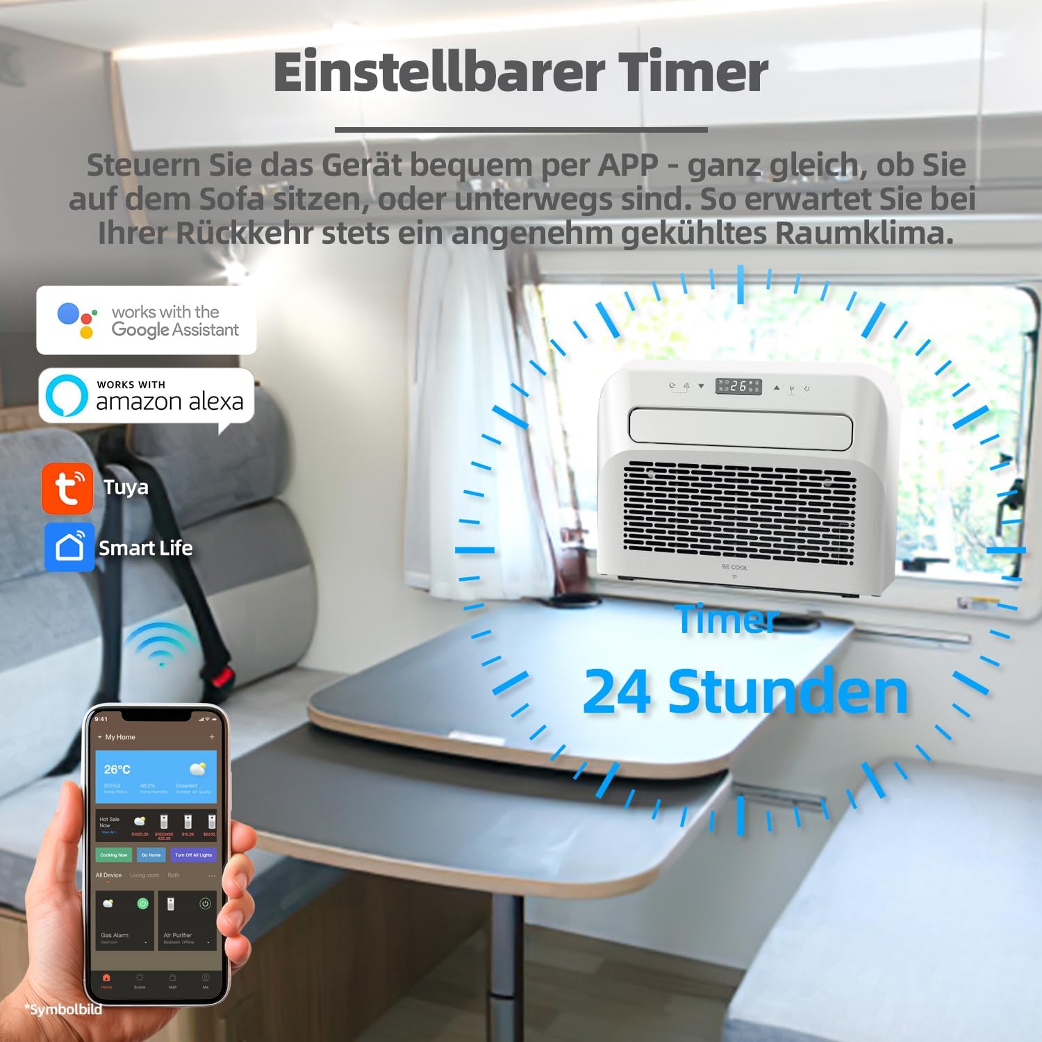 BE COOL BC5CSKL26 3in1 Mini Split Klimaanlage 5000 BTU mit WiFi, App-Steuerung, Kühlen, Lüften, Entfeuchten, 24h Timer, Schlafmodus, für Räume bis 12 m², Wohnmobil, Wohnwagen, weiß