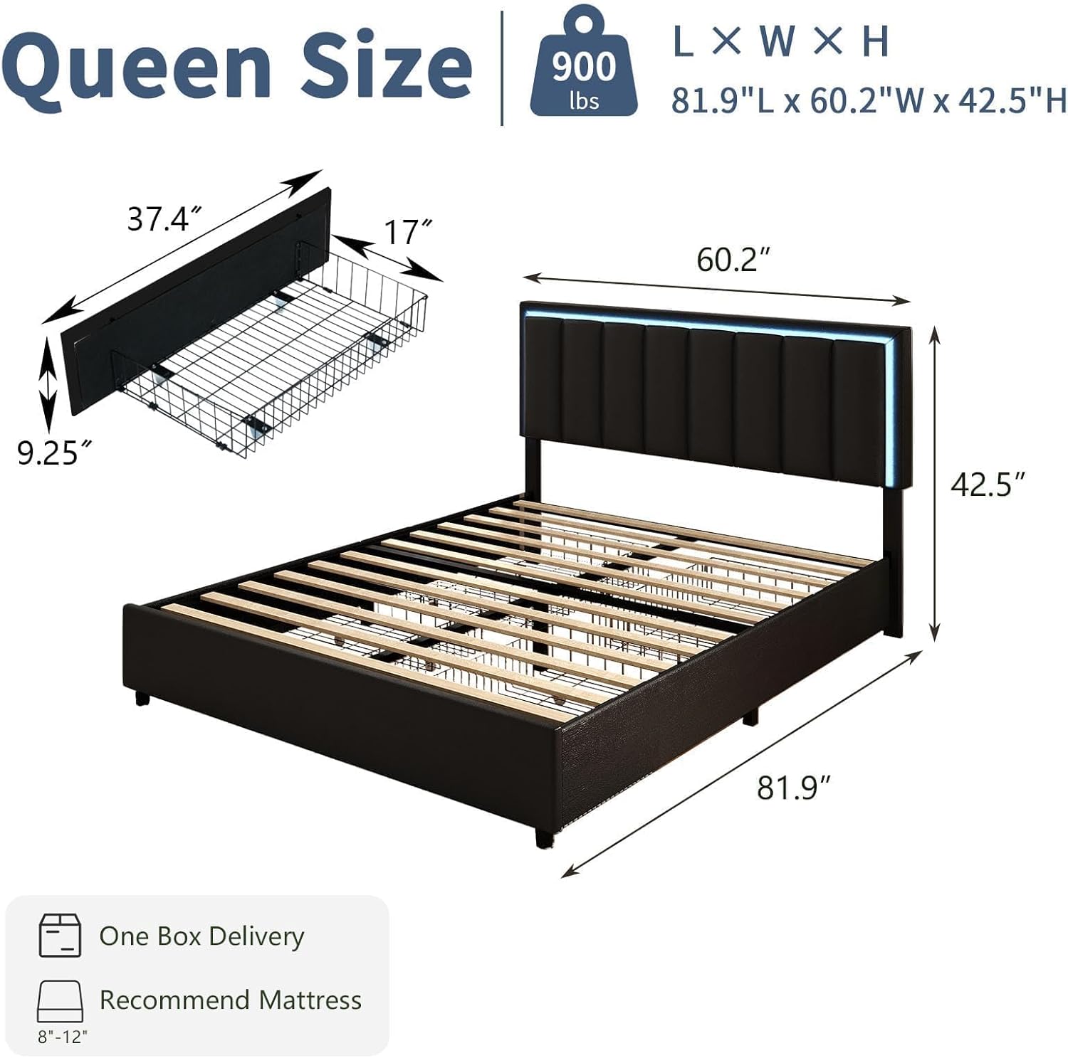 Queen Size Bed Frame with 4 Storage Drawers, Faux Leather Upholstered Bed Frame Queen with Headboard, RGB LED Ligths, Heavy Duty Metal and Wood Slat Support, No Box Spring Needed, Easy Assembly, Black