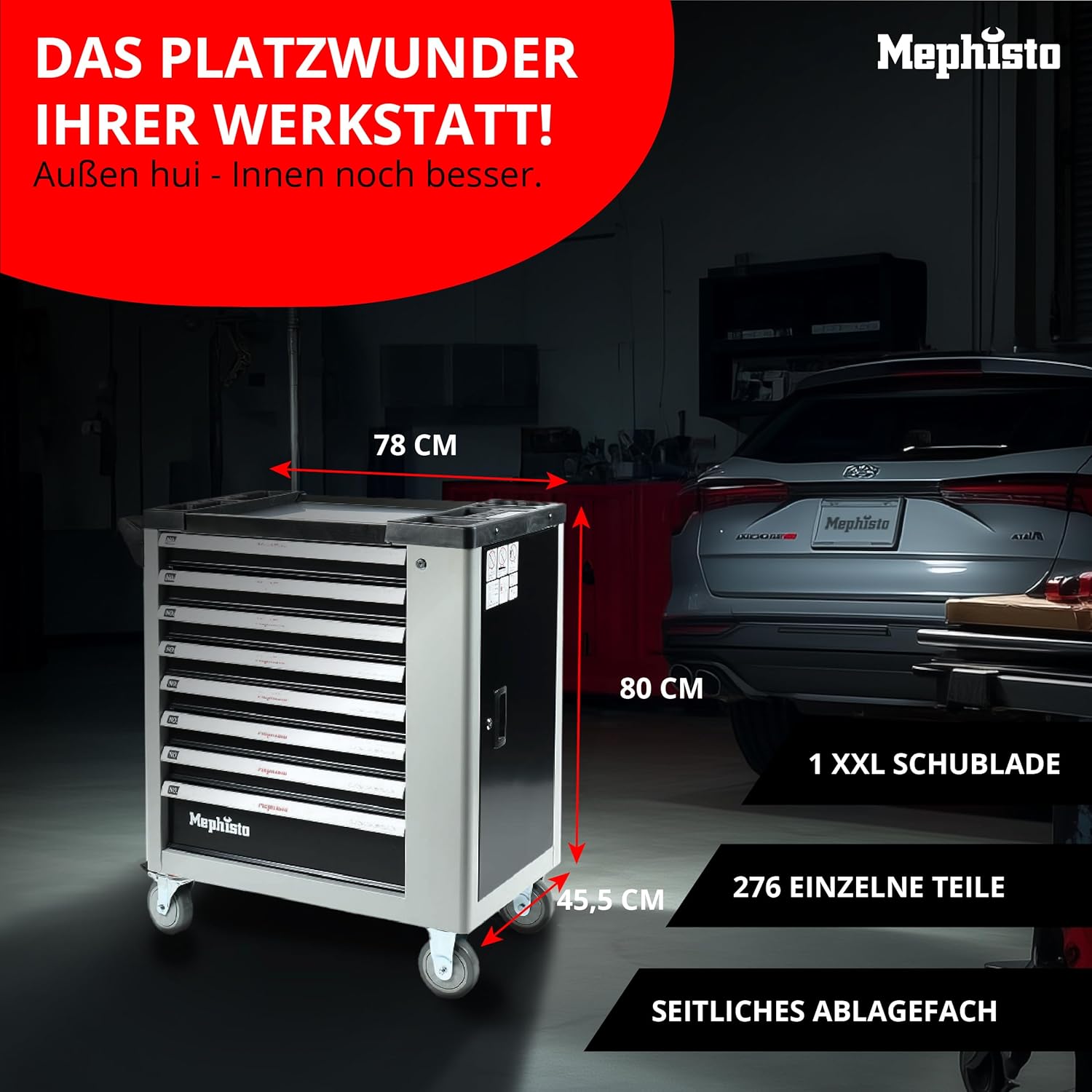 Mephisto XXL Werkzeugwagen Werkstattwagen mit 8 Schubladen Davon 7 mit Werkzeug wie Schraubenschlüssel, Ratsche mit Nusskasten, Schraubendreher usw. in Soft Inlays in Carbonoptik gefüllte Schubladen