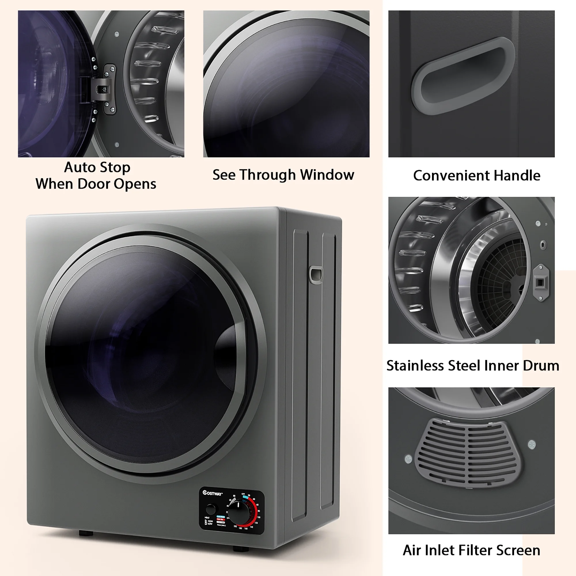 Costway Electric Tumble Compact Laundry Dryer Stainless Steel Wall Mounted 1.5 cu .ft.