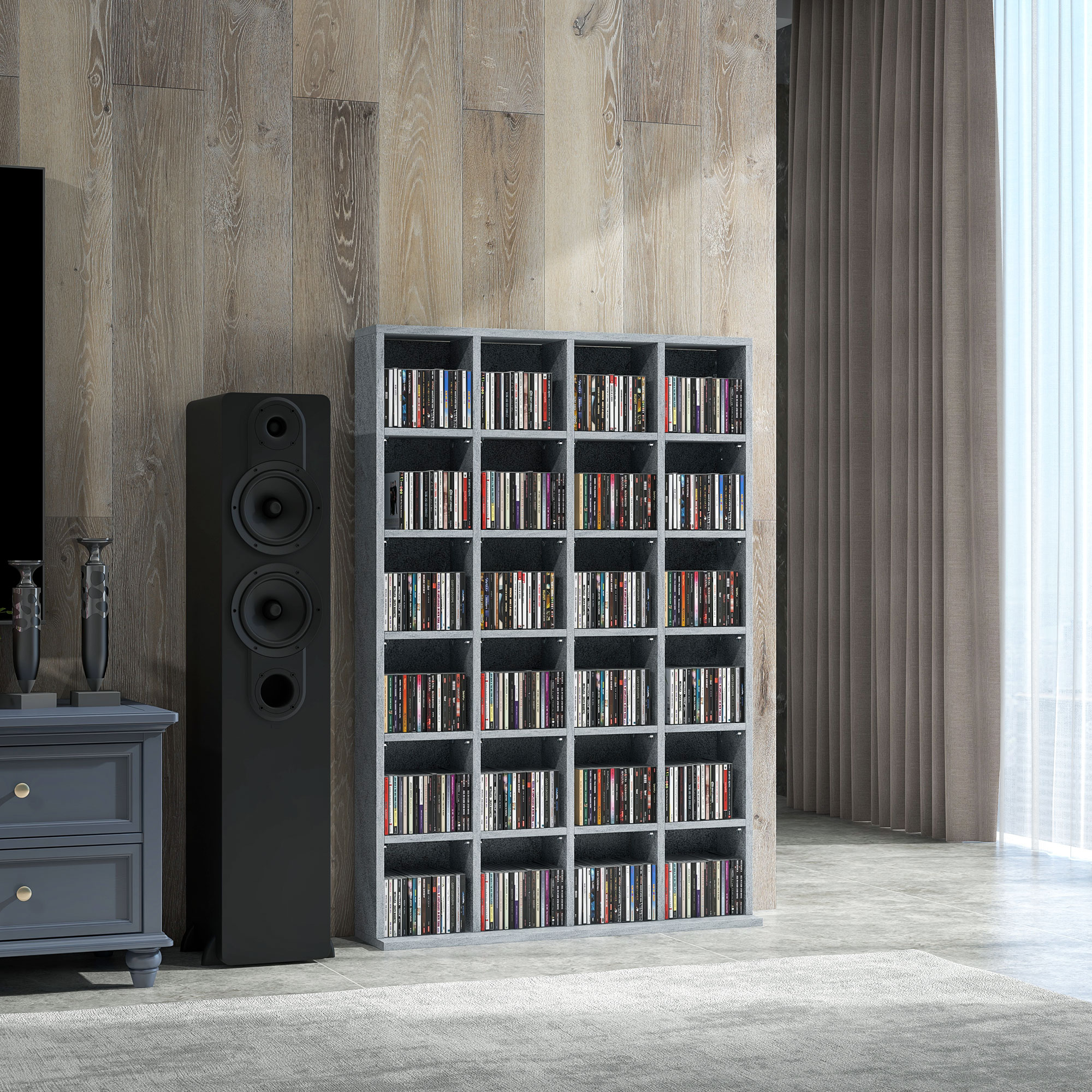 HOMCOM Multimedia-Aufbewahrungsmöbel 480 CD/312 DVD - Bücherregal aus Holz mit verstellbaren Regalen, 89 x 130,5 cm, Grau