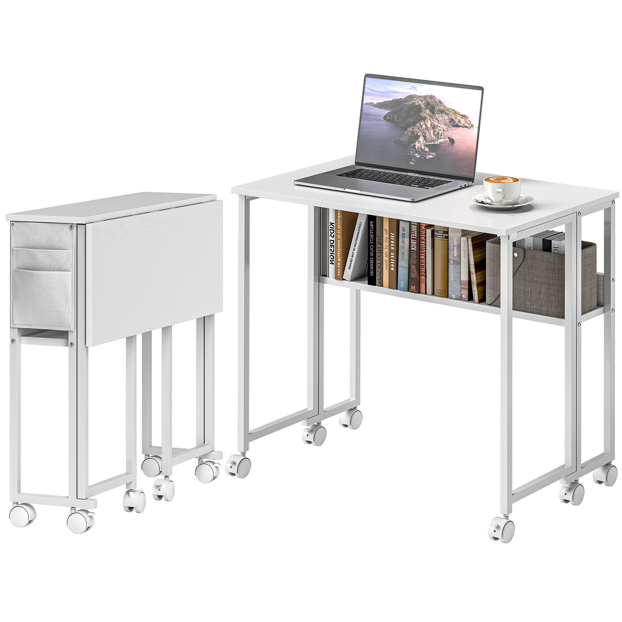 HOMCOM Klappbarer Platzsparender Schreibtisch mit Regal, Gegenstandstasche und Rollen, Weiß