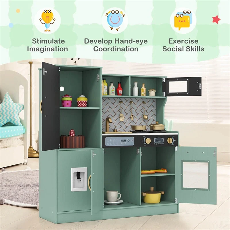 Large Wooden Kids Kitchen Playset, Little Chef Pretend Toy Kitchen Set w/Chalkboard, Microwave, Real Sounds & Lights for Toddlers Age 3+