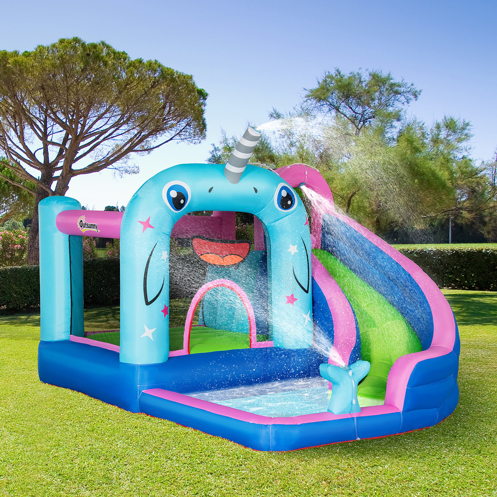 opblaasbaar springkasteel met glijbaan, springkussen, waterbassin, waterstralen, 330 x 280 x 200 cm