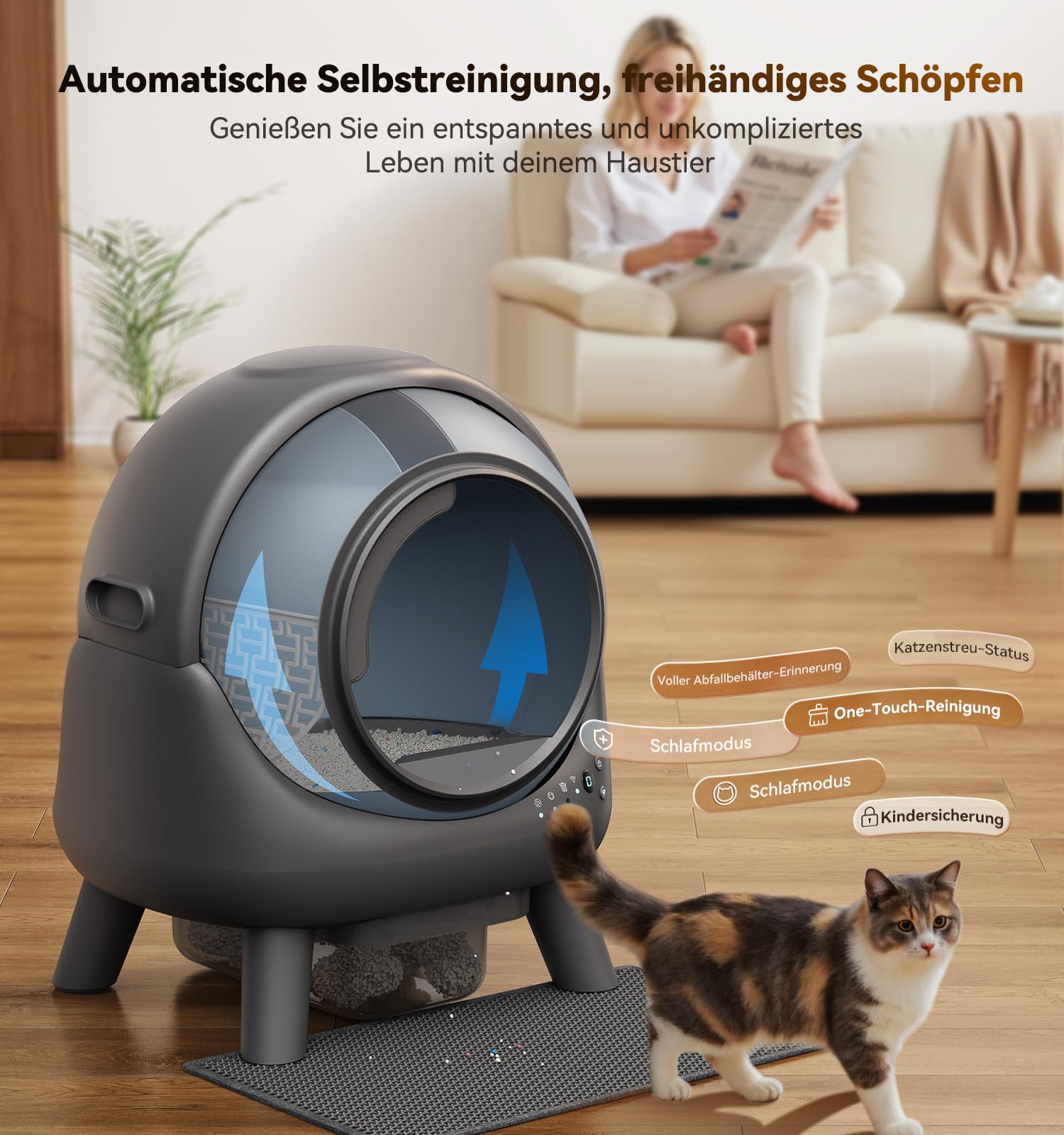 Selbstreinigendes Katzenklo 65 L für Katzen 1-8 kg, elektrisch mit App-Steuerung und Sicherheitssensoren