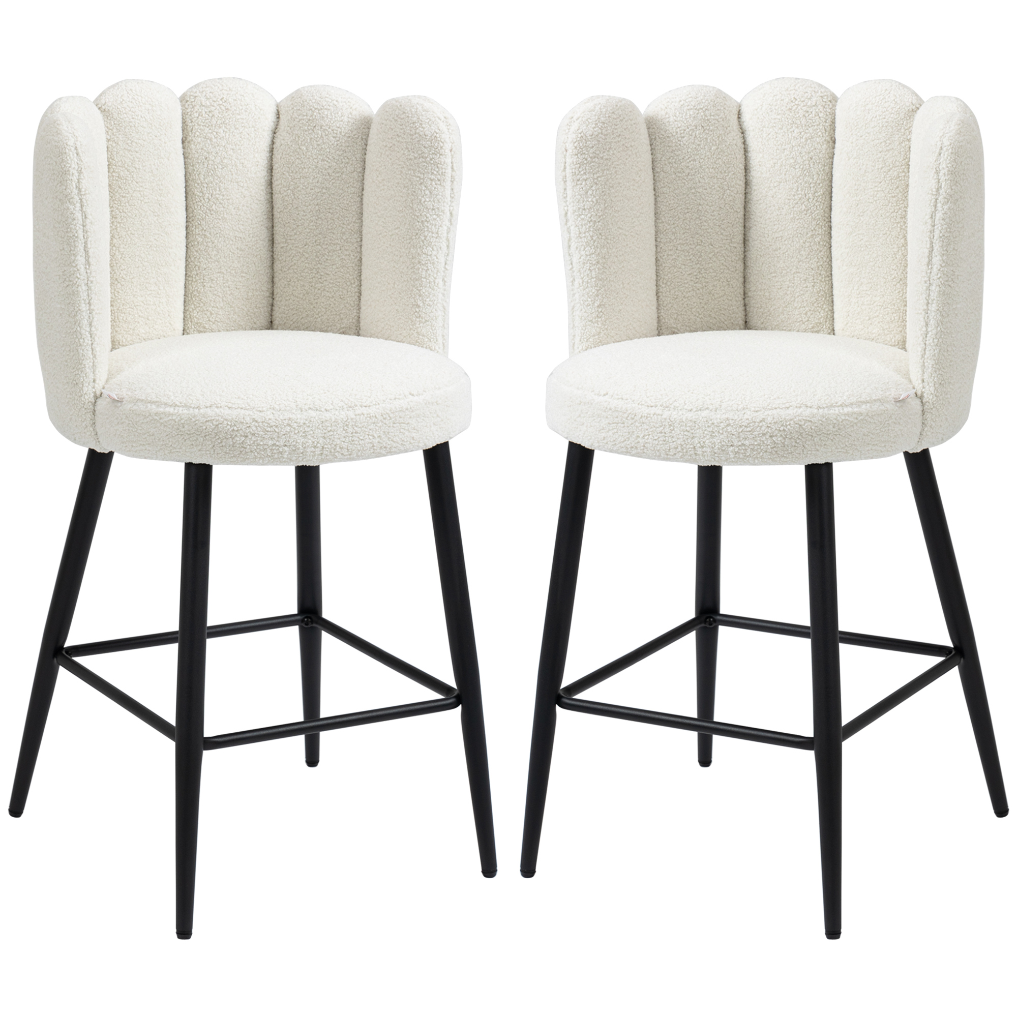HOMCOM Set mit 2 Hochstühlen Barhockern mit Fußstütze Stahlgestell Stoff in Wolloptik Höhe 65 cm Creme Schwarz
