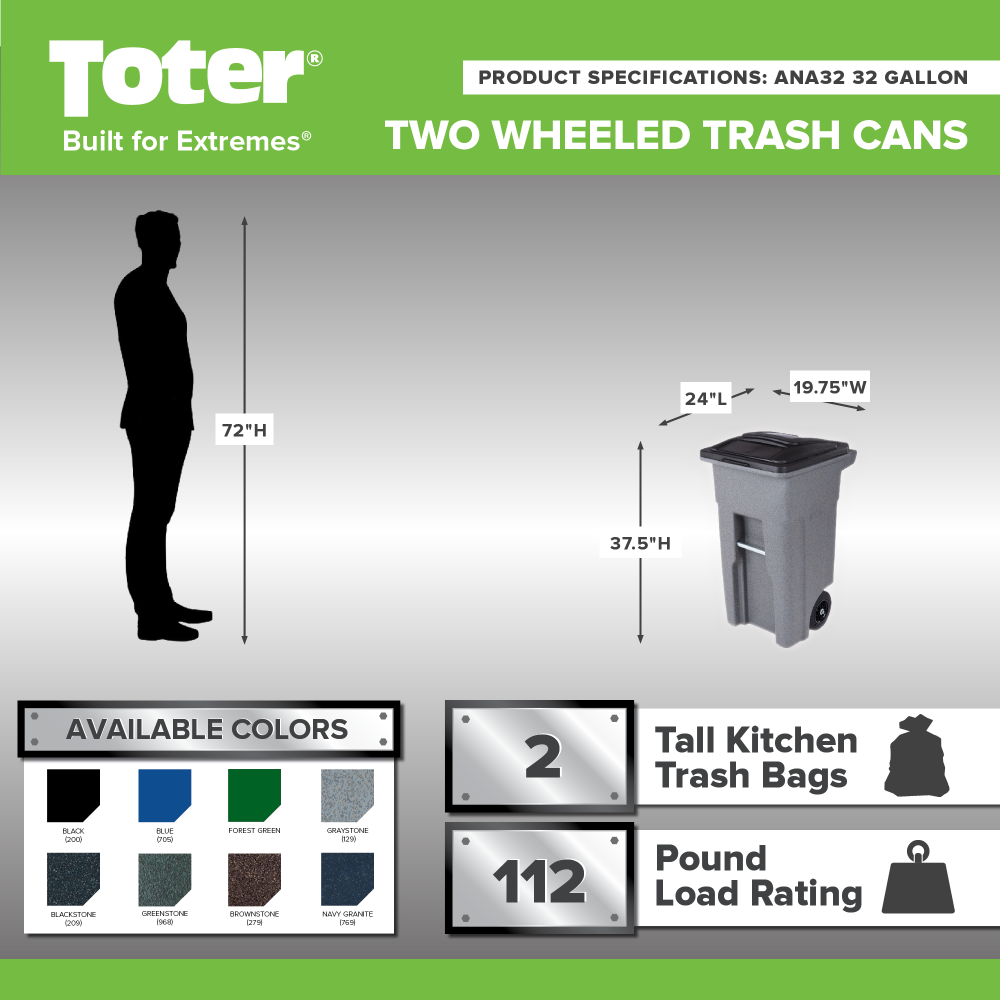 Toter 32 Gallon Greenstone Trash Can with Quiet Wheels and Attached Lid for Indoor/Outdoor Use