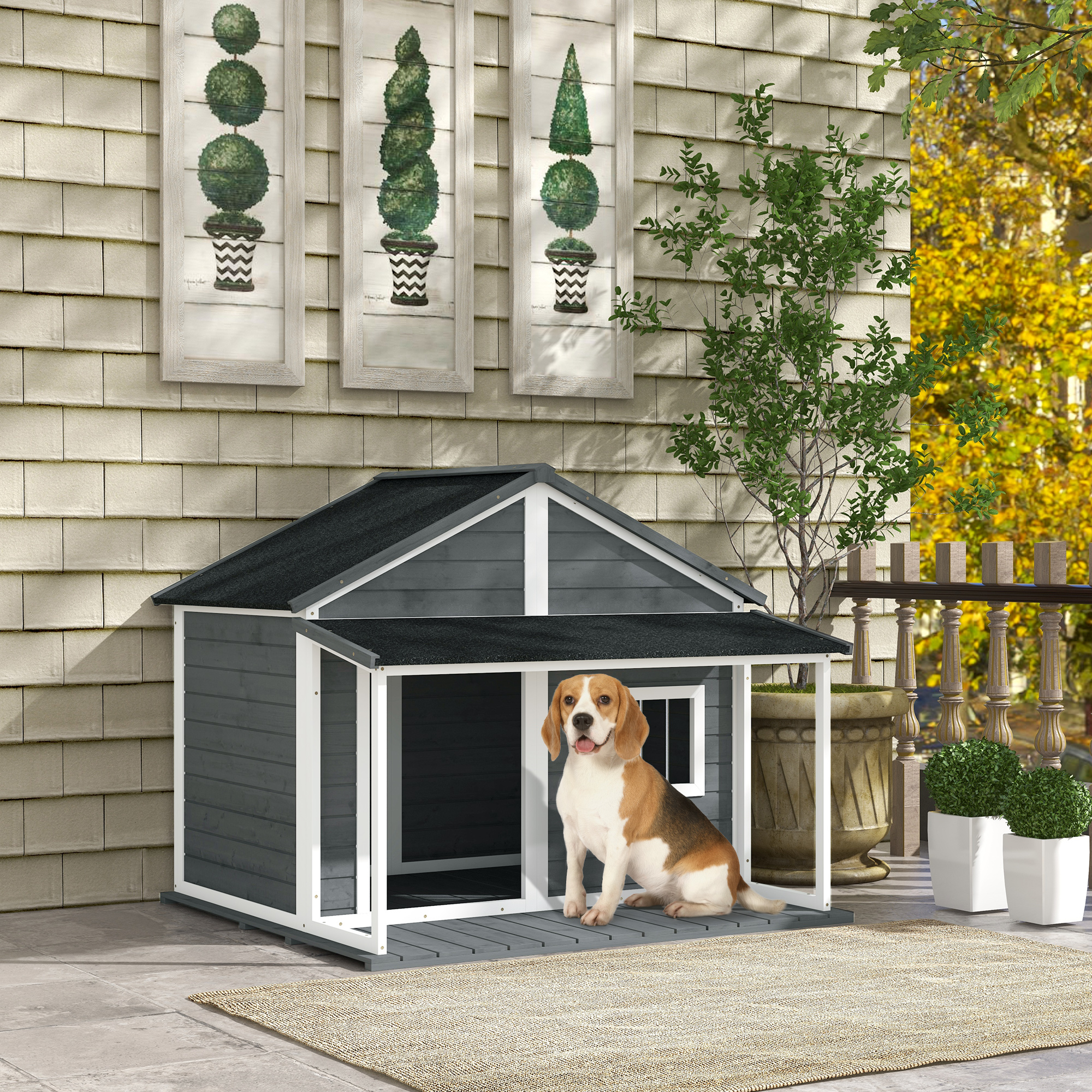 PawHut Hundehütte Outdoor-Hundehütte, inkl. Veranda, wetterbeständig, 124 cm x 112 cm x 105 cm, Grau + Weiß